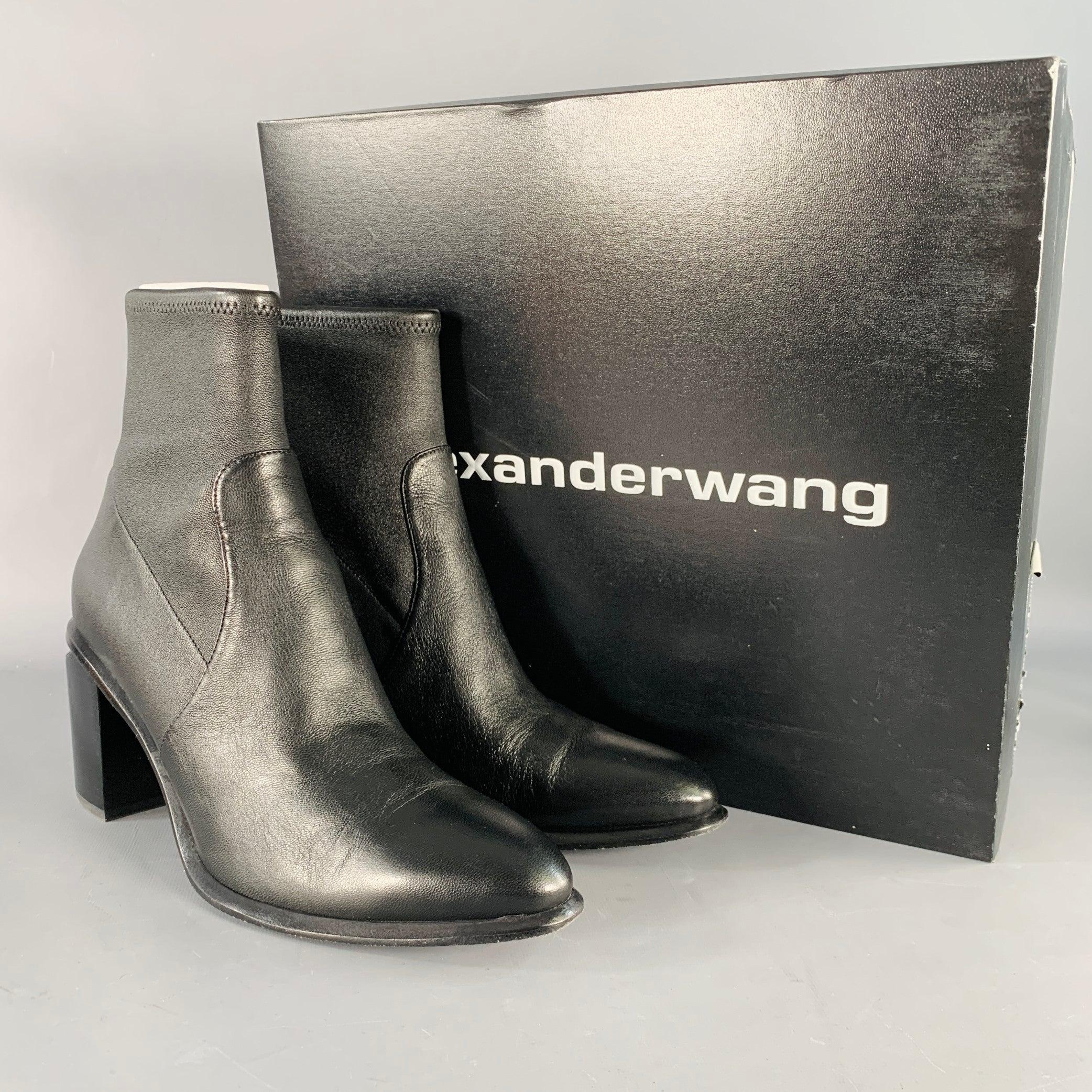 ALEXANDER WANG Size 11 Anna Black Lambskin Leather Stretch Cut Out Chunky Heel Boots For Sale 5
