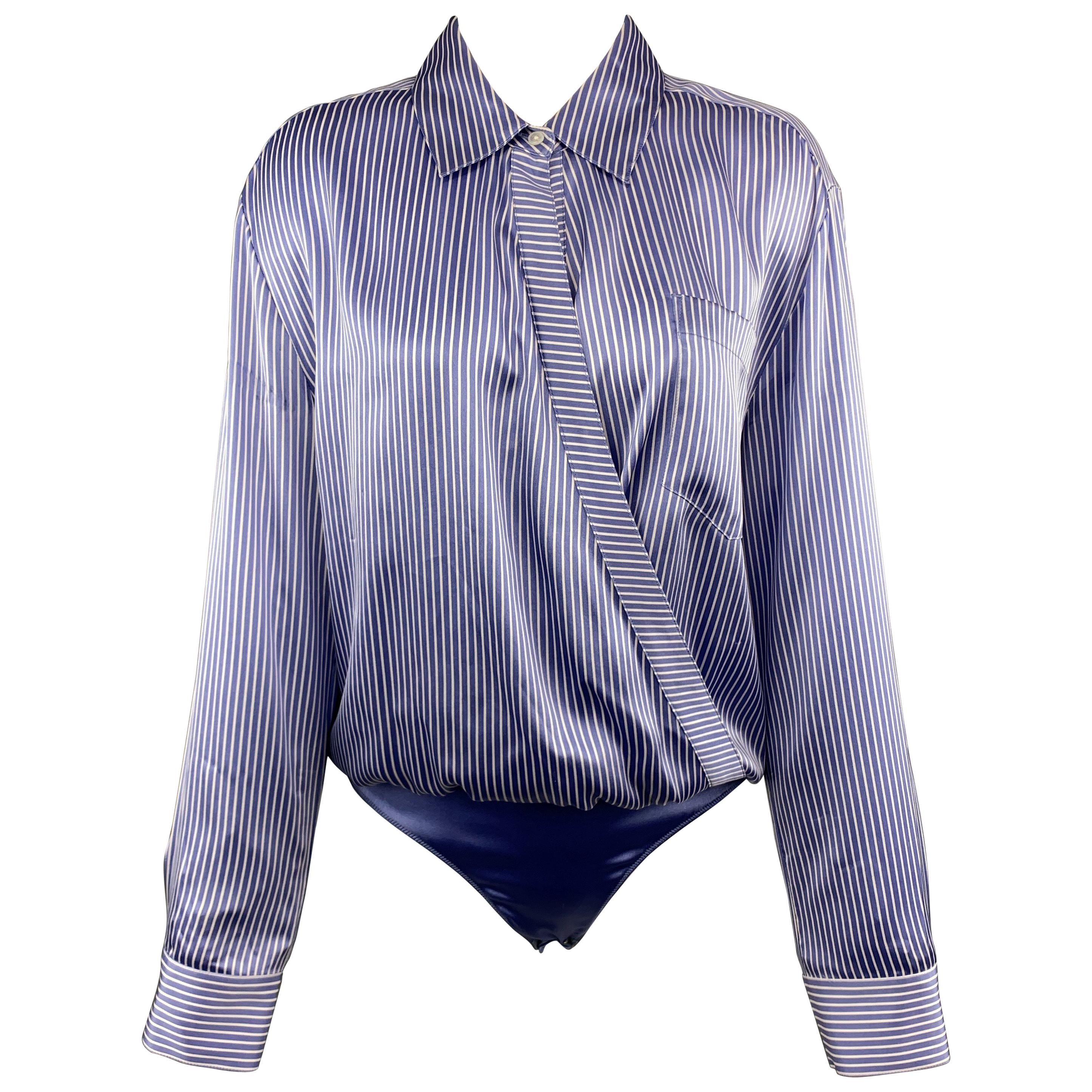 ALEXANDER WANG Size 4 Blue & White Striped Silk Blend Blouse Bodysuit