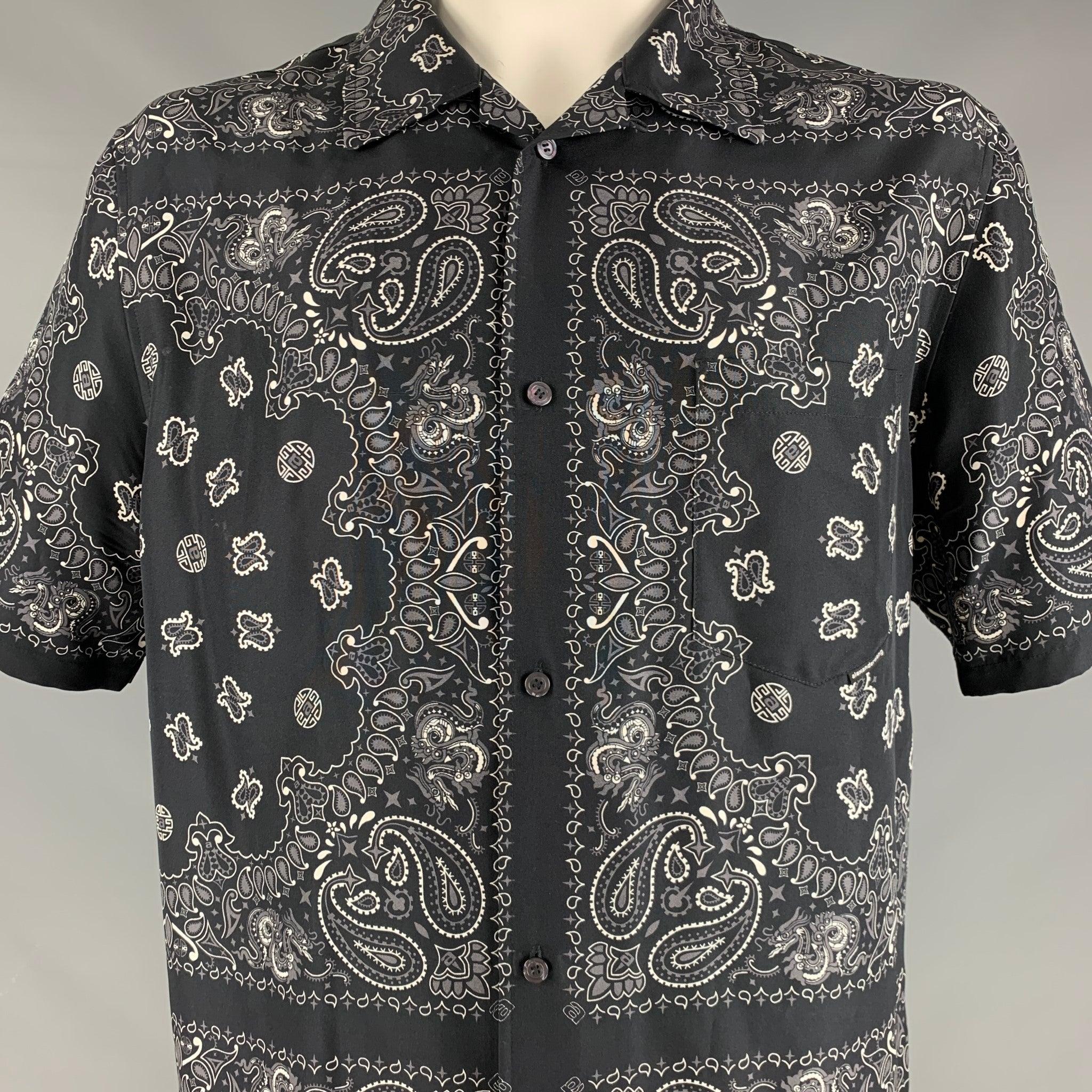 Men's ALEXANDER WANG Size XL Black Bandana Silk Camp Short Sleeve Shirt For Sale