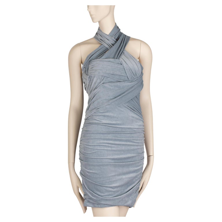 Alexander Wang Slate Blue Crossover Draping, Ruched Jersey Halter Mini Dress