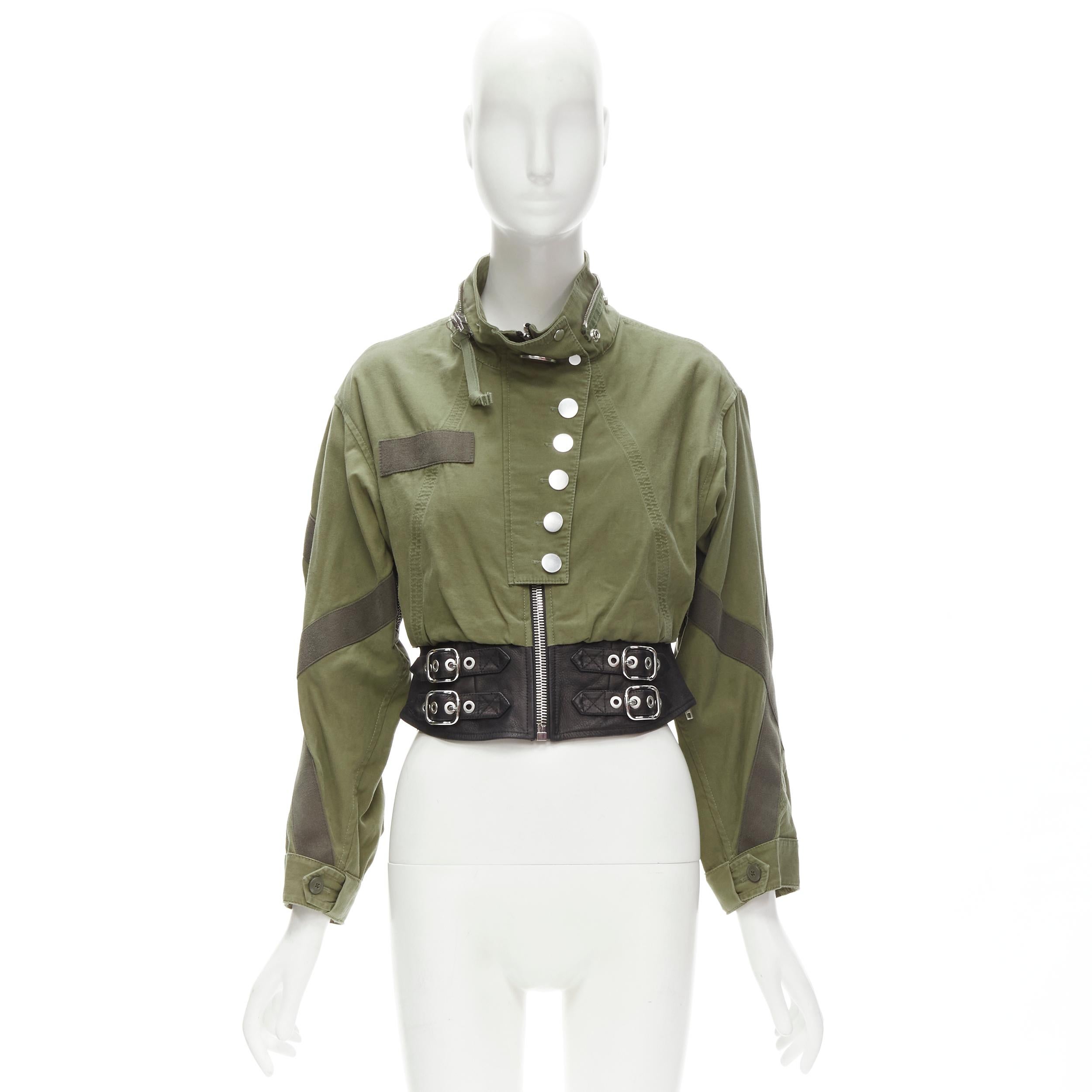 ALEXANDER WANG washed military green cotton leather biker hem cropped jacket S For Sale 3