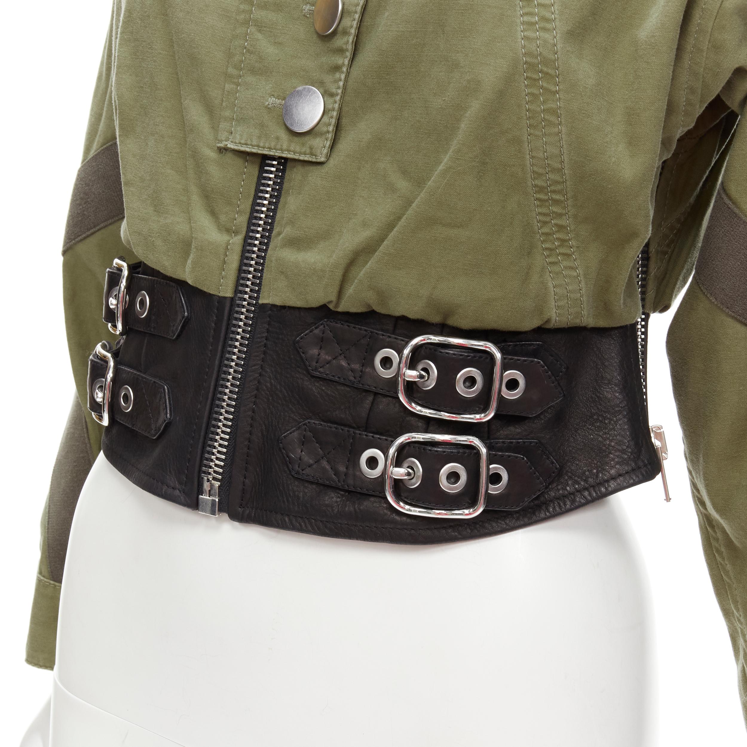 ALEXANDER WANG washed military green cotton leather biker hem cropped jacket S 
Reference: ANWU/A00396 
Brand: Alexander Wang 
Material: Cotton 
Color: Green 
Pattern: Solid 
Closure: Zip 
Extra Detail: Washed military green cotton with cotton strap