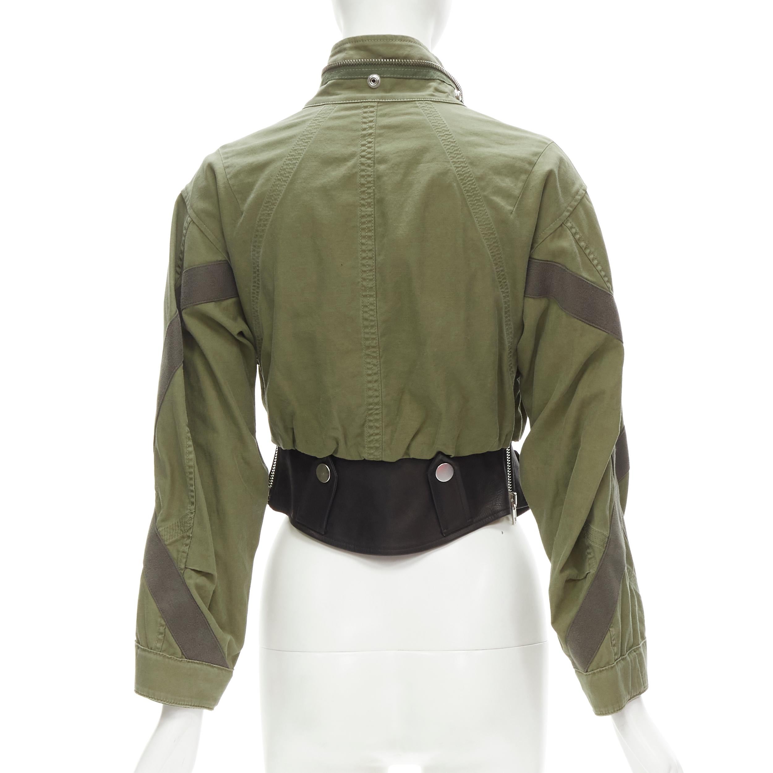 Gray ALEXANDER WANG washed military green cotton leather biker hem cropped jacket S For Sale