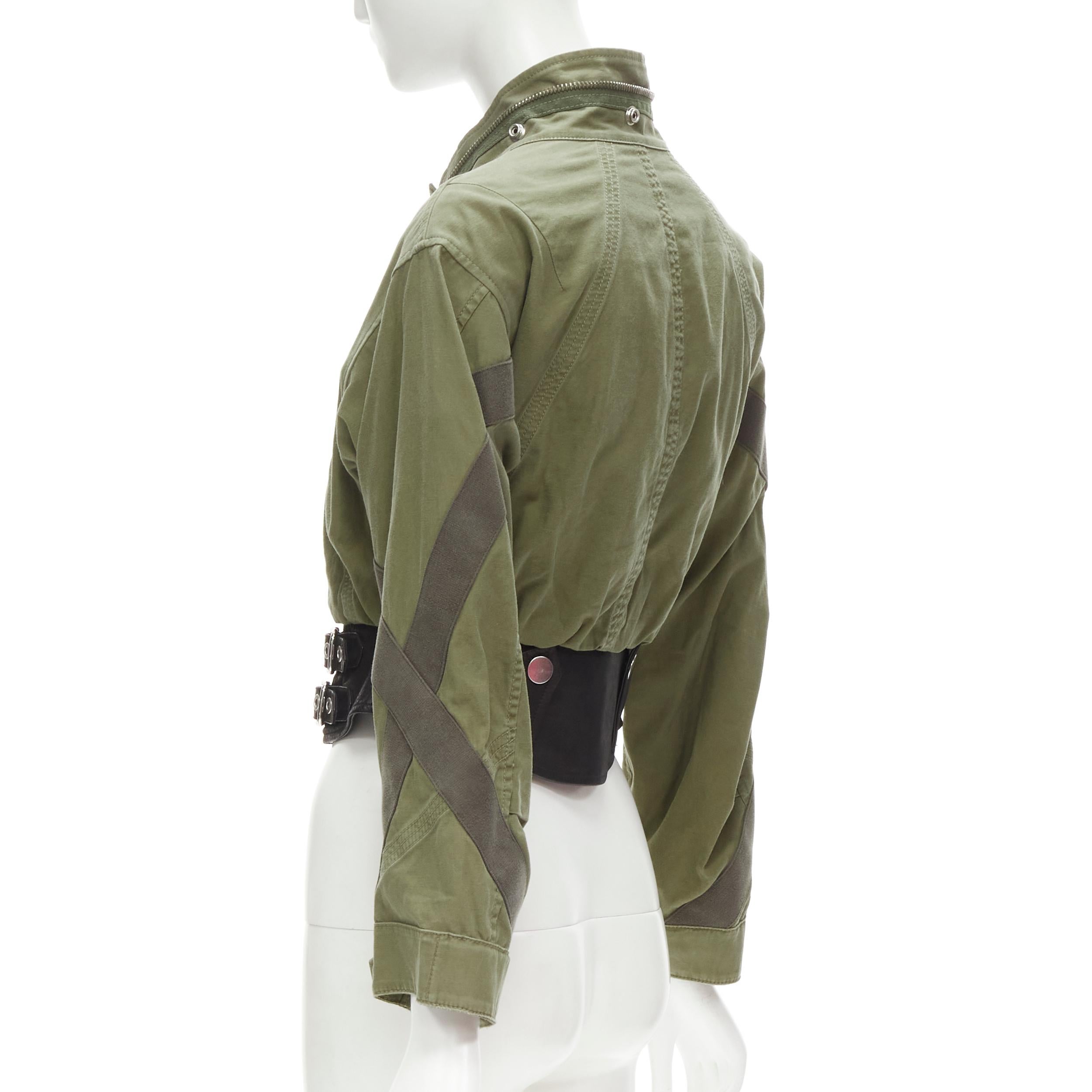 ALEXANDER WANG washed military green cotton leather biker hem cropped jacket S In Excellent Condition For Sale In Hong Kong, NT