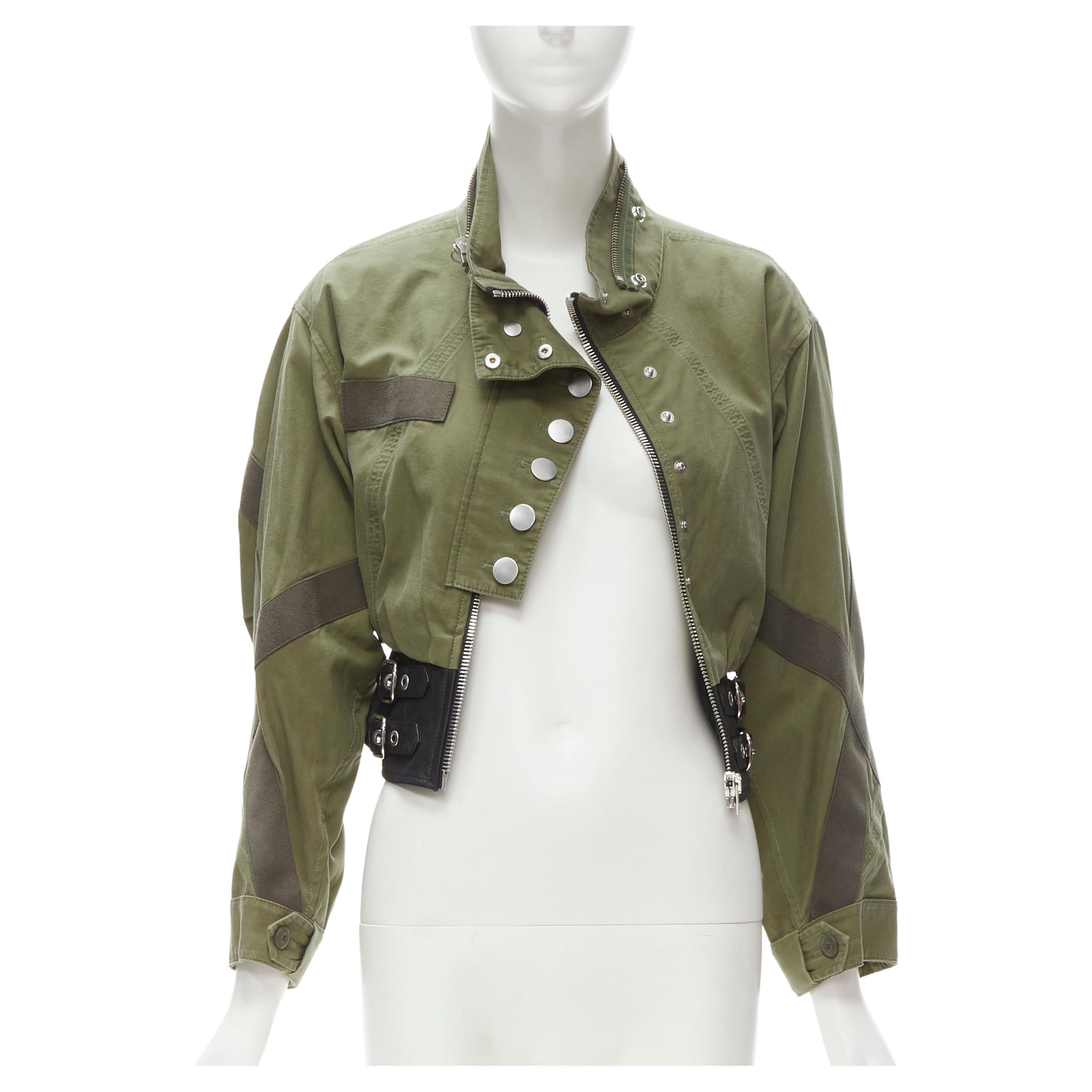 ALEXANDER WANG washed military green cotton leather biker hem cropped jacket S For Sale