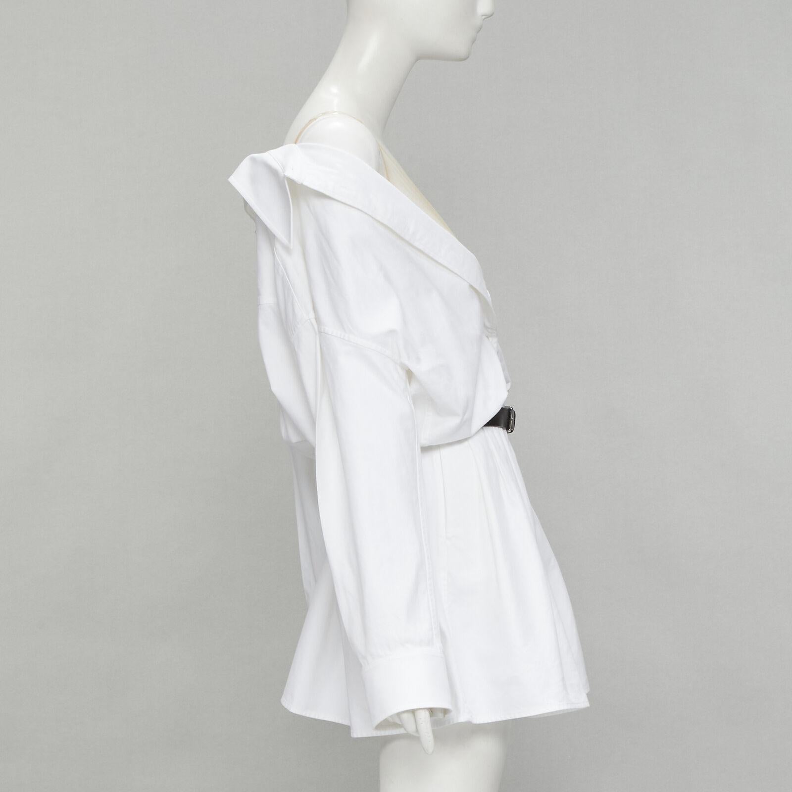 ALEXANDER WANG white cotton off shoulder black leather belted shirt dress US2 XS In Excellent Condition In Hong Kong, NT