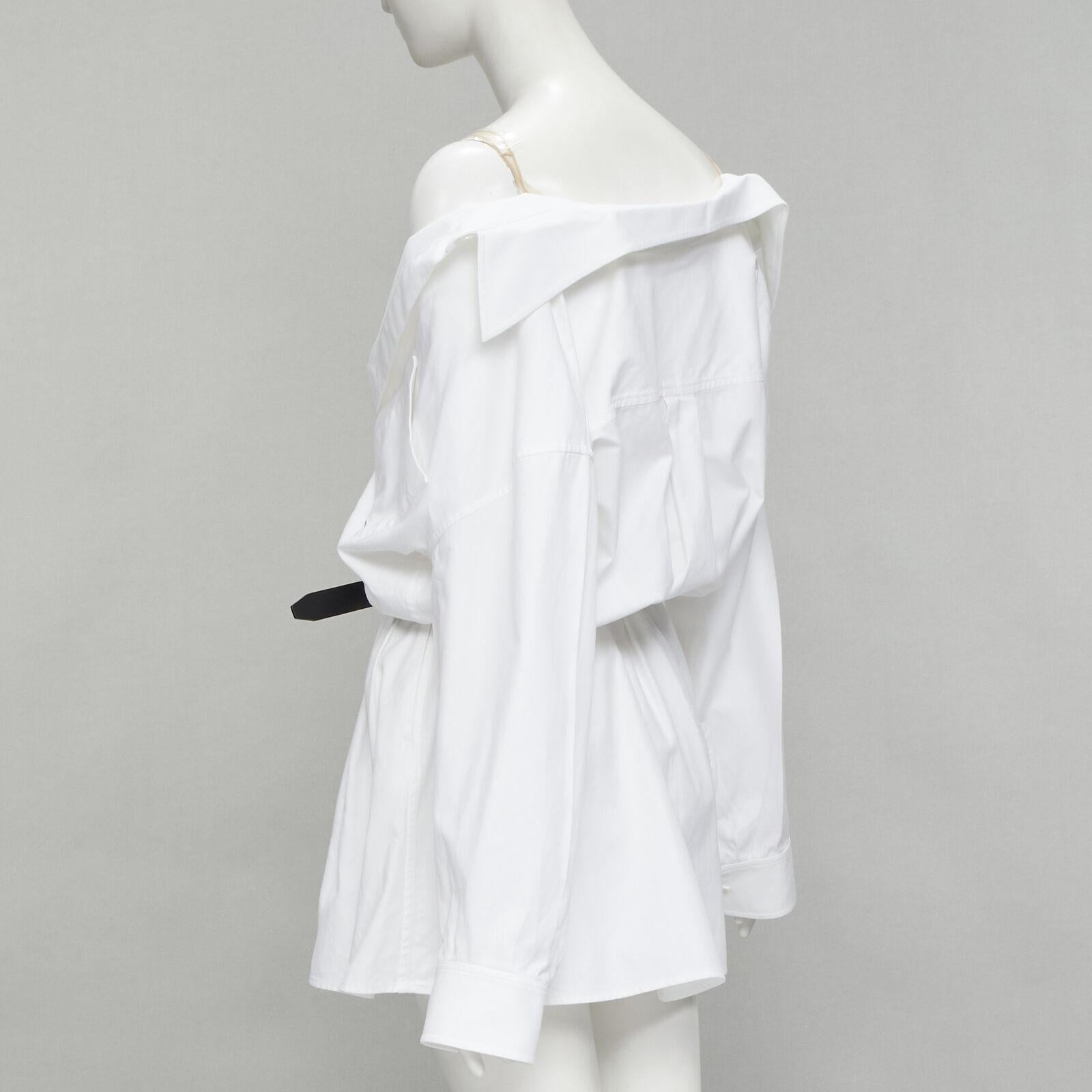 Women's ALEXANDER WANG white cotton off shoulder black leather belted shirt dress US2 XS