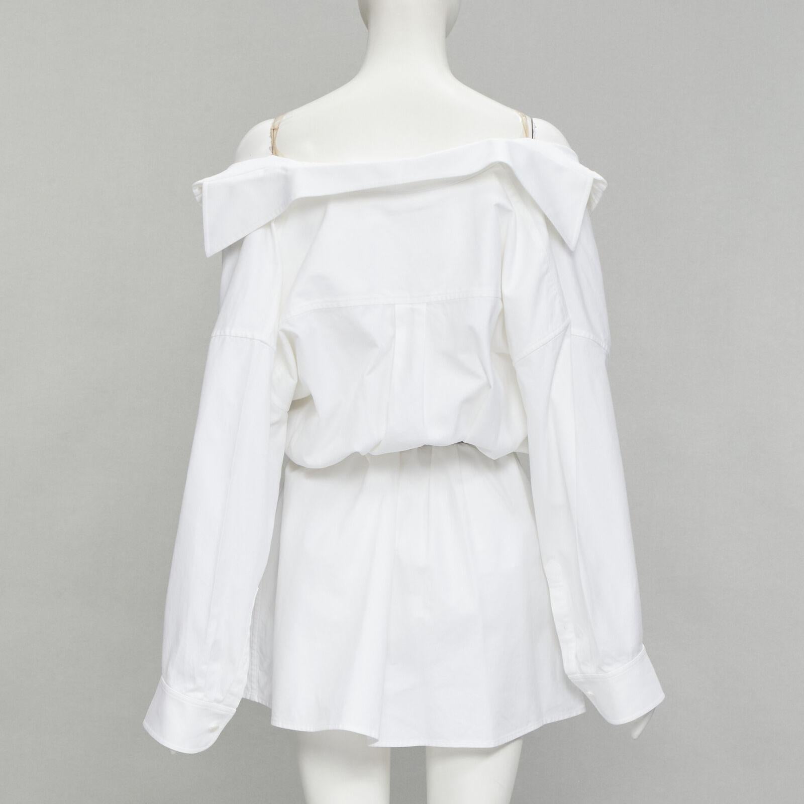 ALEXANDER WANG white cotton off shoulder black leather belted shirt dress US2 XS 1
