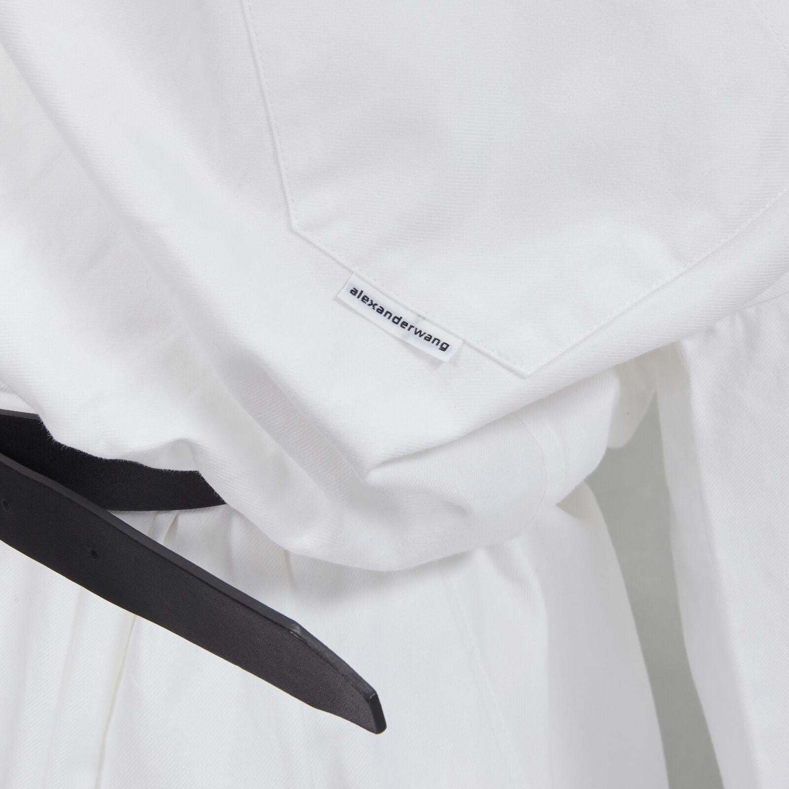 ALEXANDER WANG white cotton off shoulder black leather belted shirt dress US2 XS 3