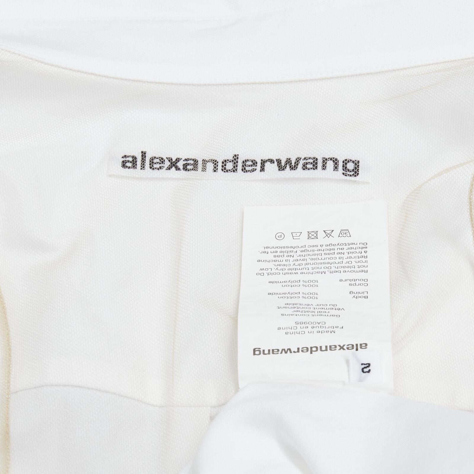 ALEXANDER WANG white cotton off shoulder black leather belted shirt dress US2 XS 4