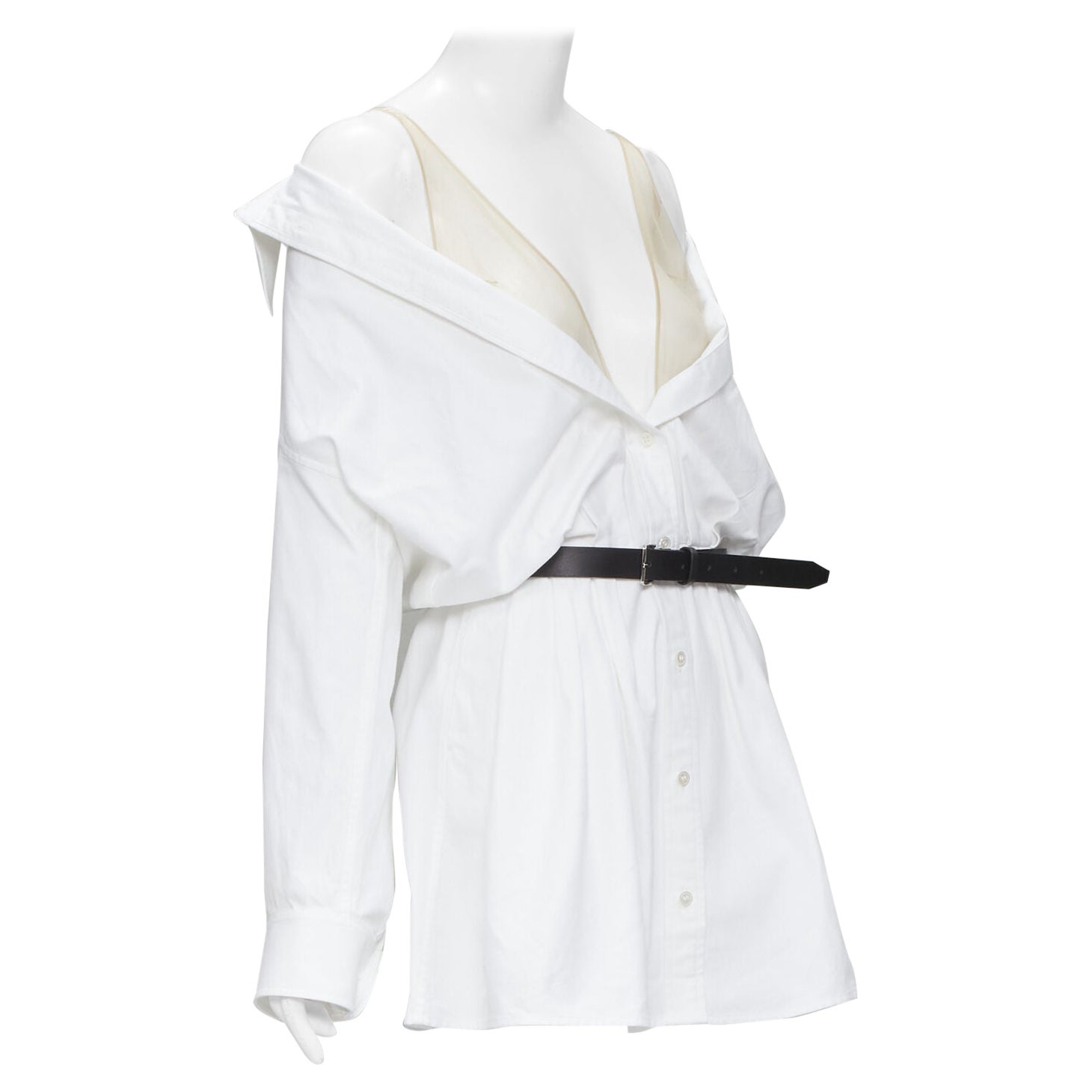 ALEXANDER WANG white cotton off shoulder black leather belted shirt dress US2 XS