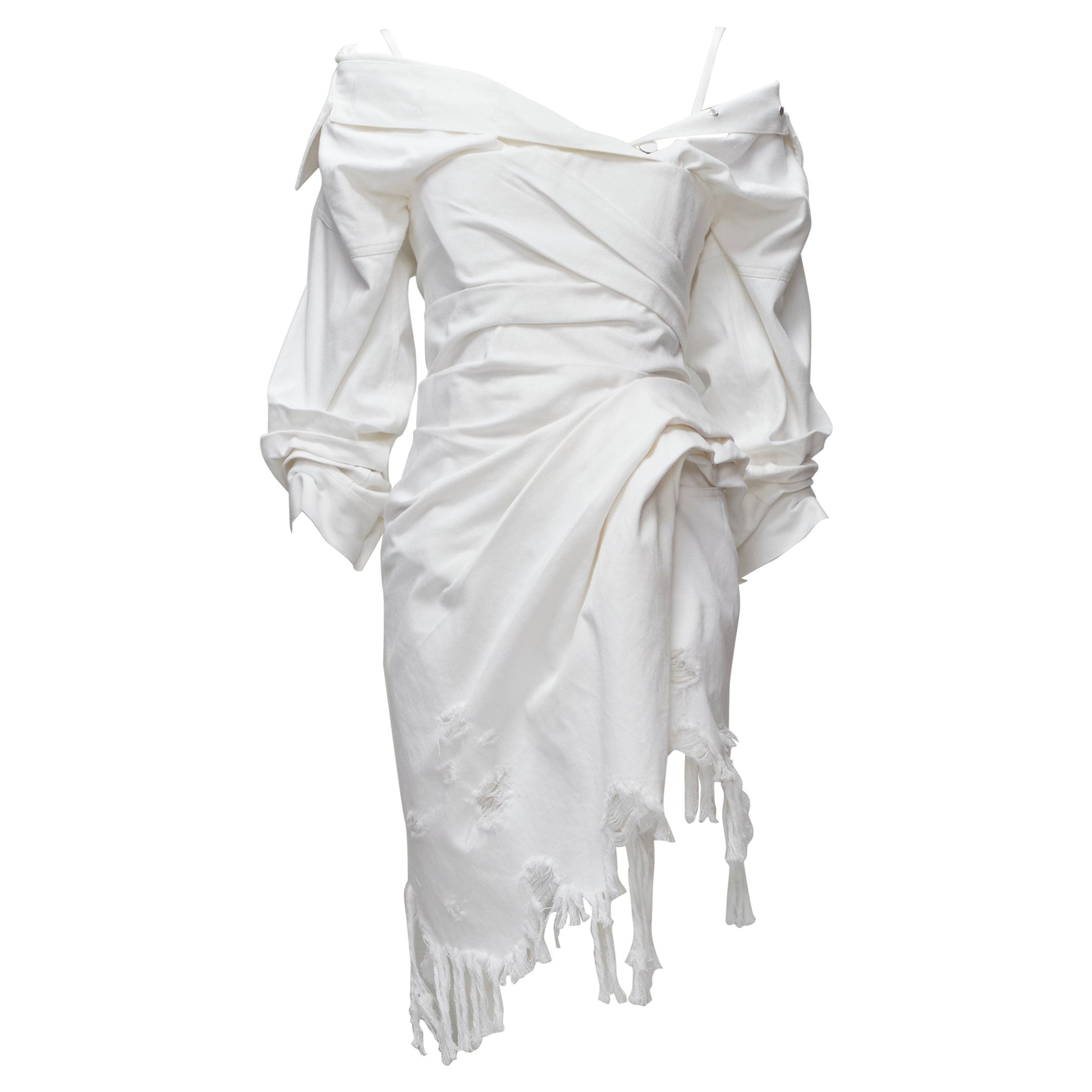 ALEXANDER WANG white heavy distressed cotton denim drape fitted dress US0 XS