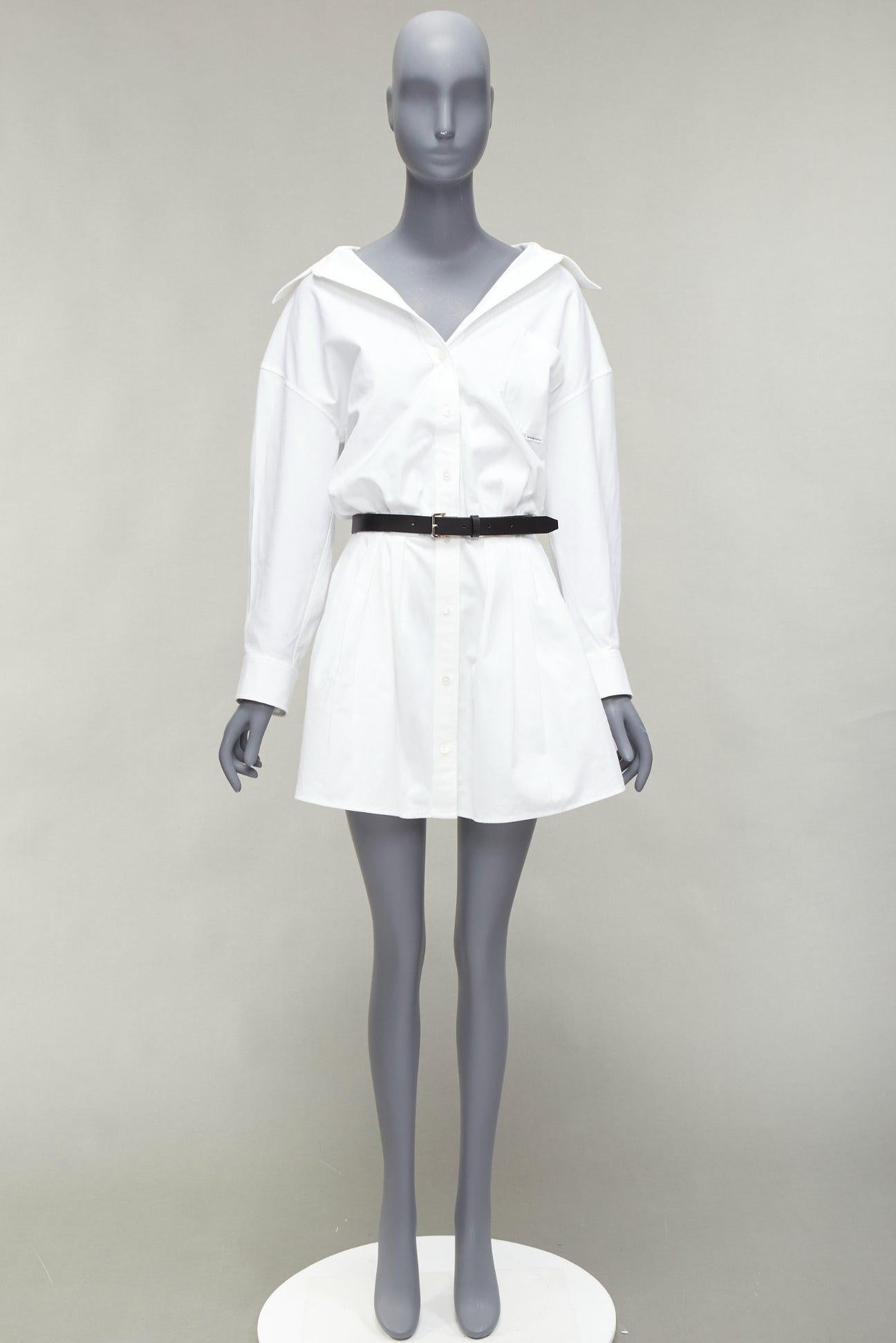 ALEXANDER WANG white nude cotton drop shoulder black belted shirt dress US0 XS For Sale 7