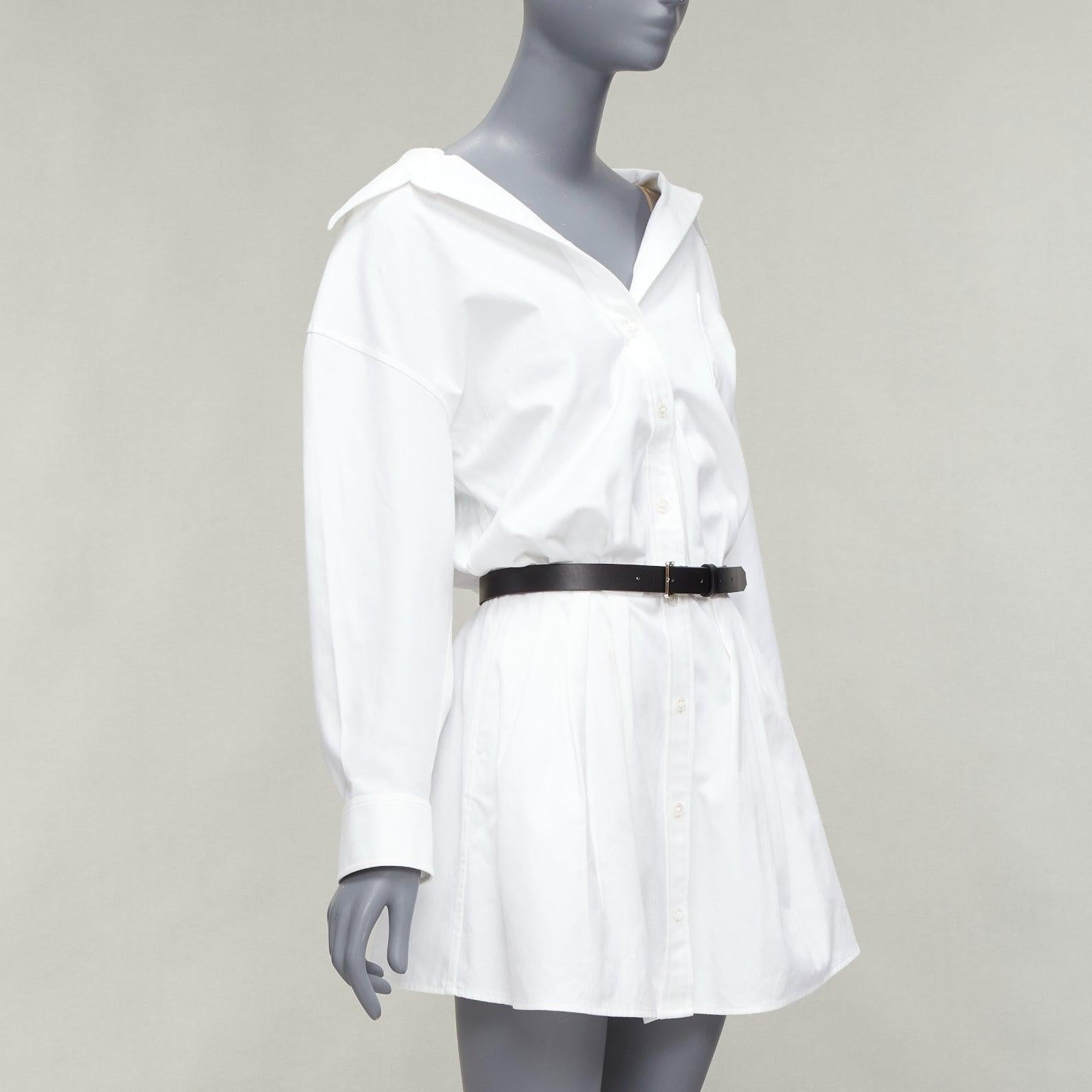 ALEXANDER WANG white nude cotton drop shoulder black belted shirt dress US0 XS In Excellent Condition For Sale In Hong Kong, NT