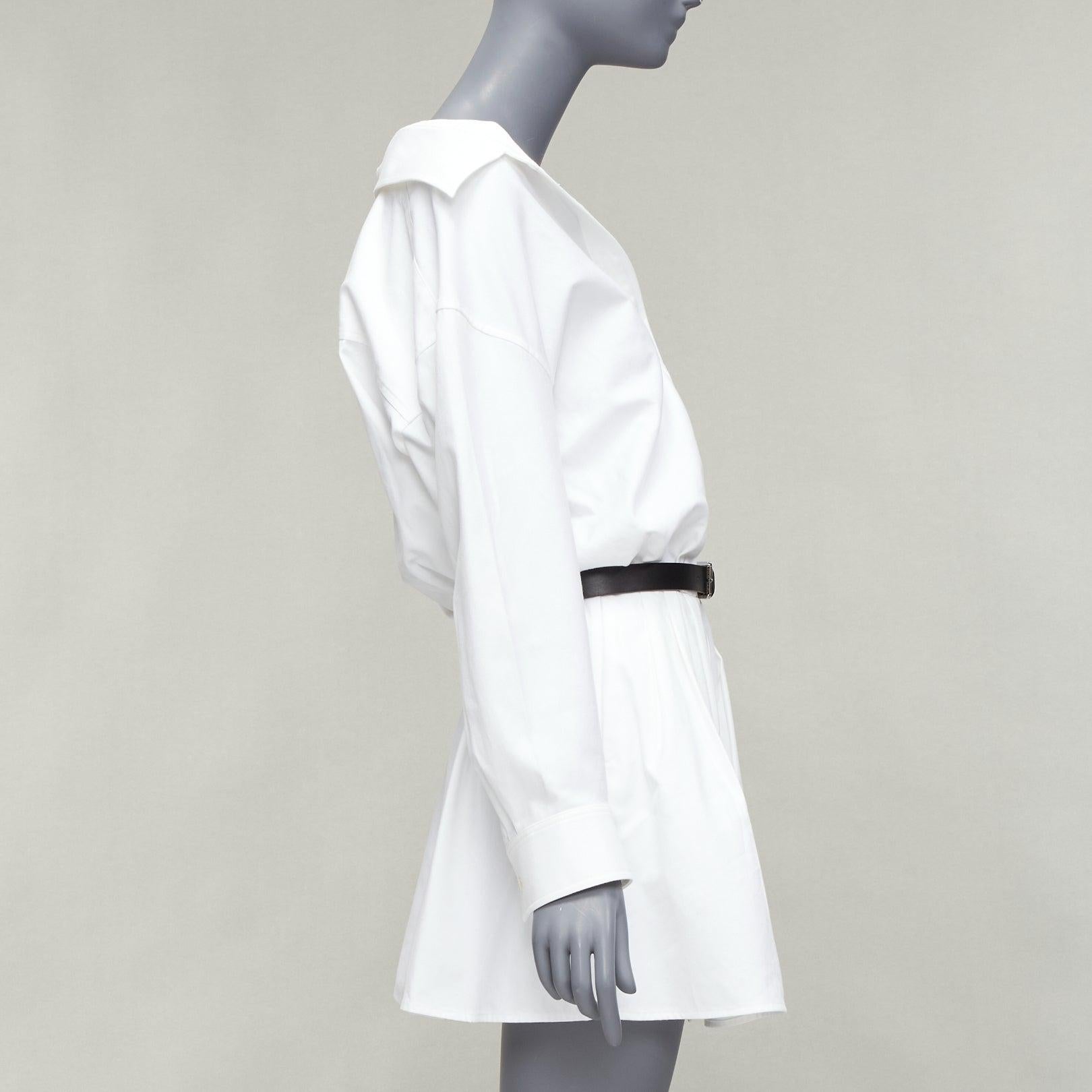 Women's ALEXANDER WANG white nude cotton drop shoulder black belted shirt dress US0 XS For Sale