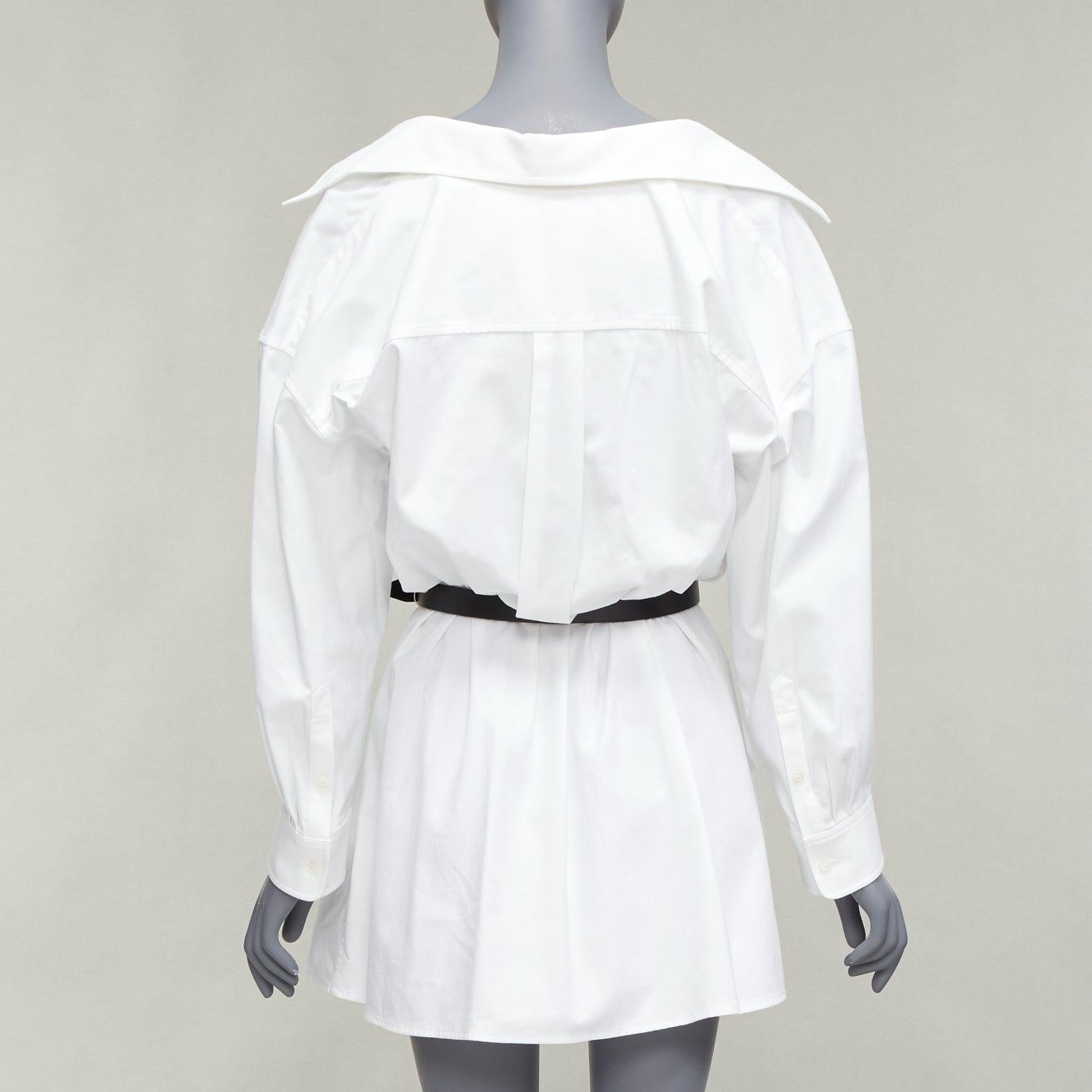 ALEXANDER WANG white nude cotton drop shoulder black belted shirt dress US0 XS 1