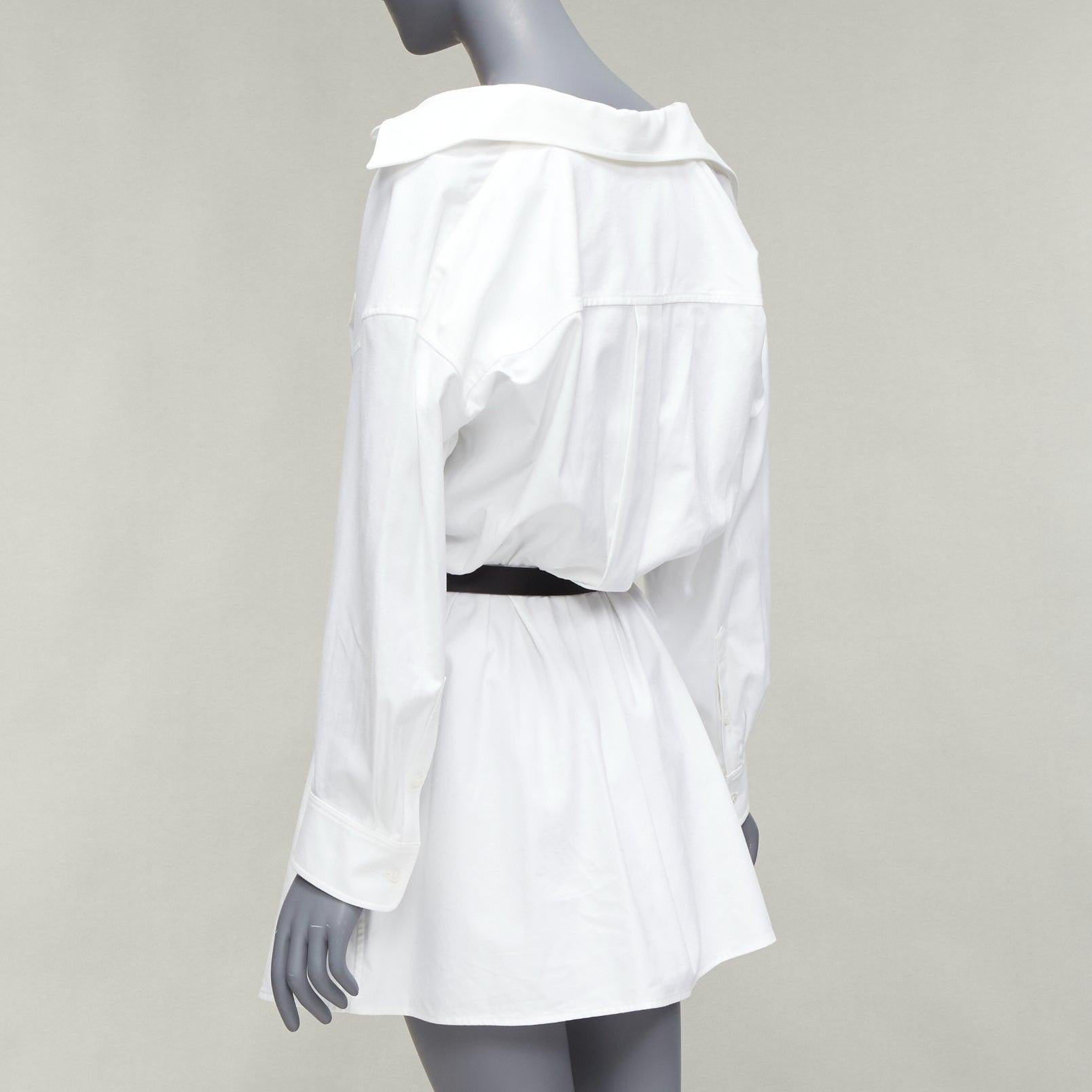ALEXANDER WANG white nude cotton drop shoulder black belted shirt dress US0 XS For Sale 2