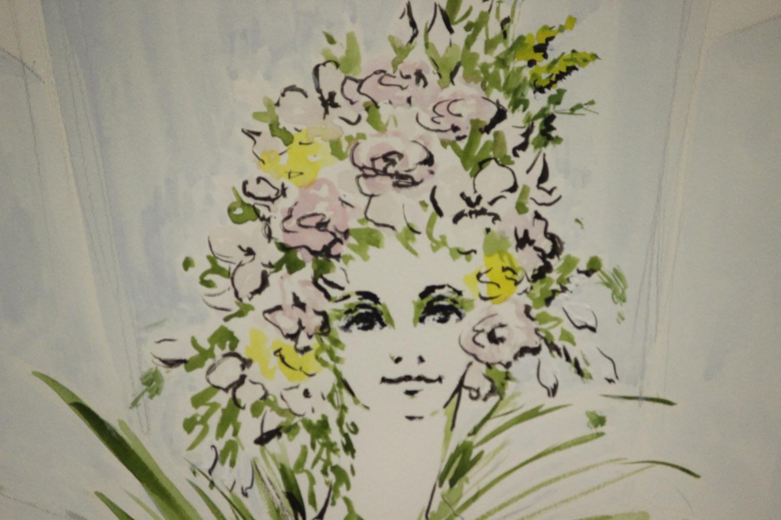 Original fashion watercolour from the Lanvin Paris archives of noted illustrator Alexander Warren Montel (1921-2002) this depicting a Vertes (esque) model in a floral headdress

1950s

Art Sz: 14