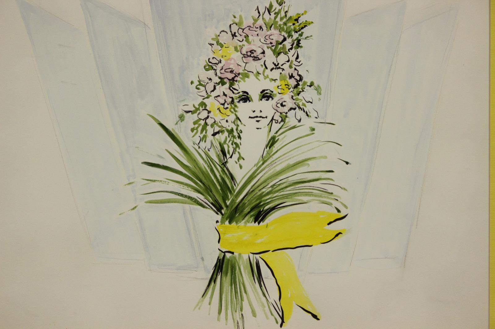 Lanvin Paris Advert Watercolour Chic Model in a Floral Headdress by A.W. Montel  For Sale 1