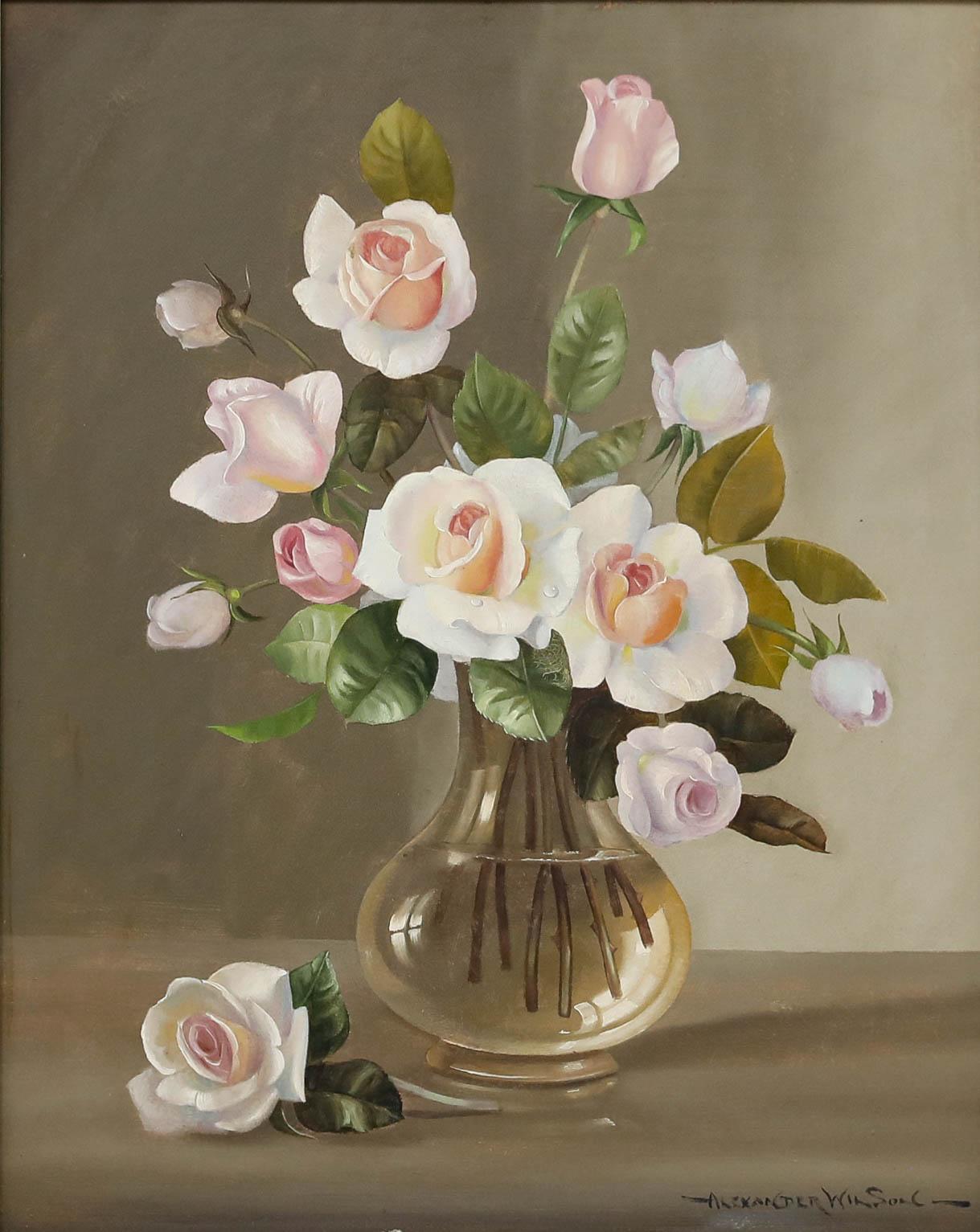 Alexander Wilson - Gerahmtes Öl aus der Mitte des 20. Jahrhunderts, Vase mit Rosen im Angebot 1