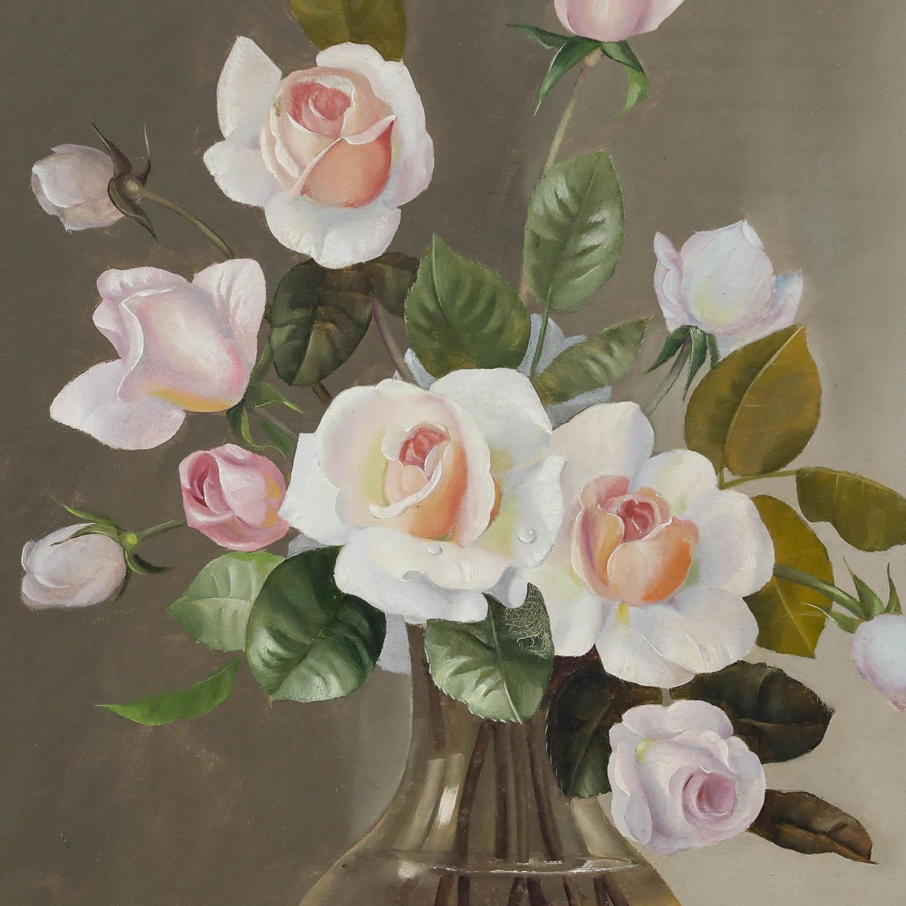 Alexander Wilson - Gerahmtes Öl aus der Mitte des 20. Jahrhunderts, Vase mit Rosen im Angebot 3