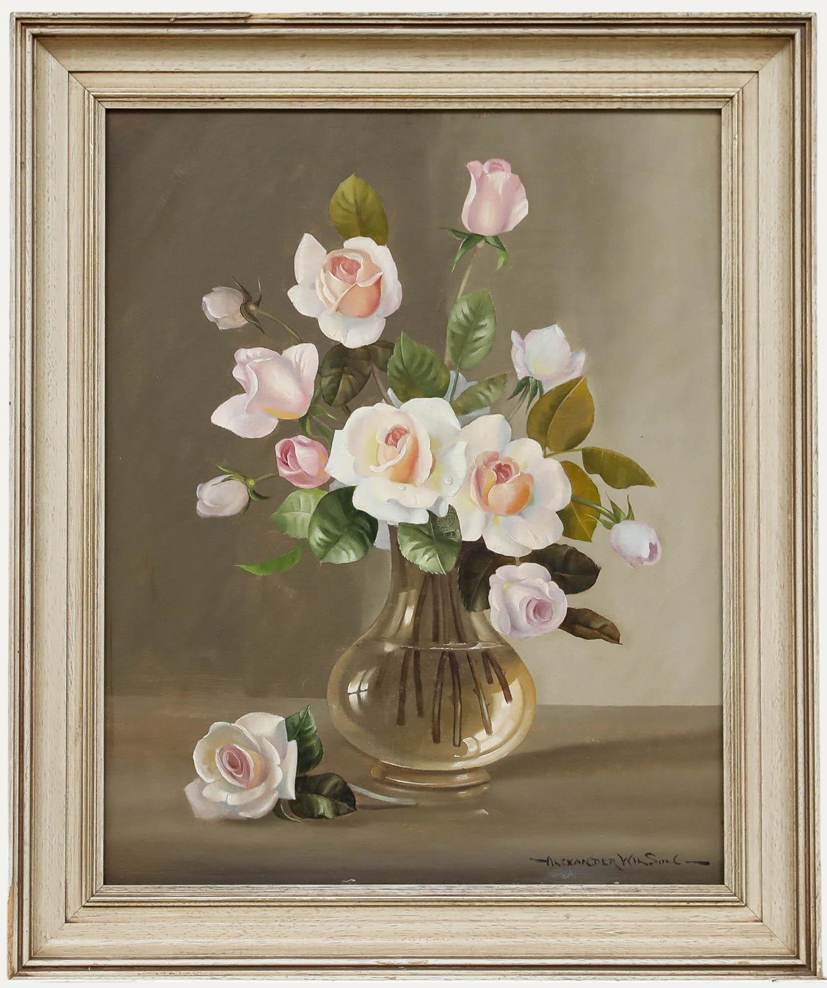 Alexander Wilson - Gerahmtes Öl aus der Mitte des 20. Jahrhunderts, Vase mit Rosen