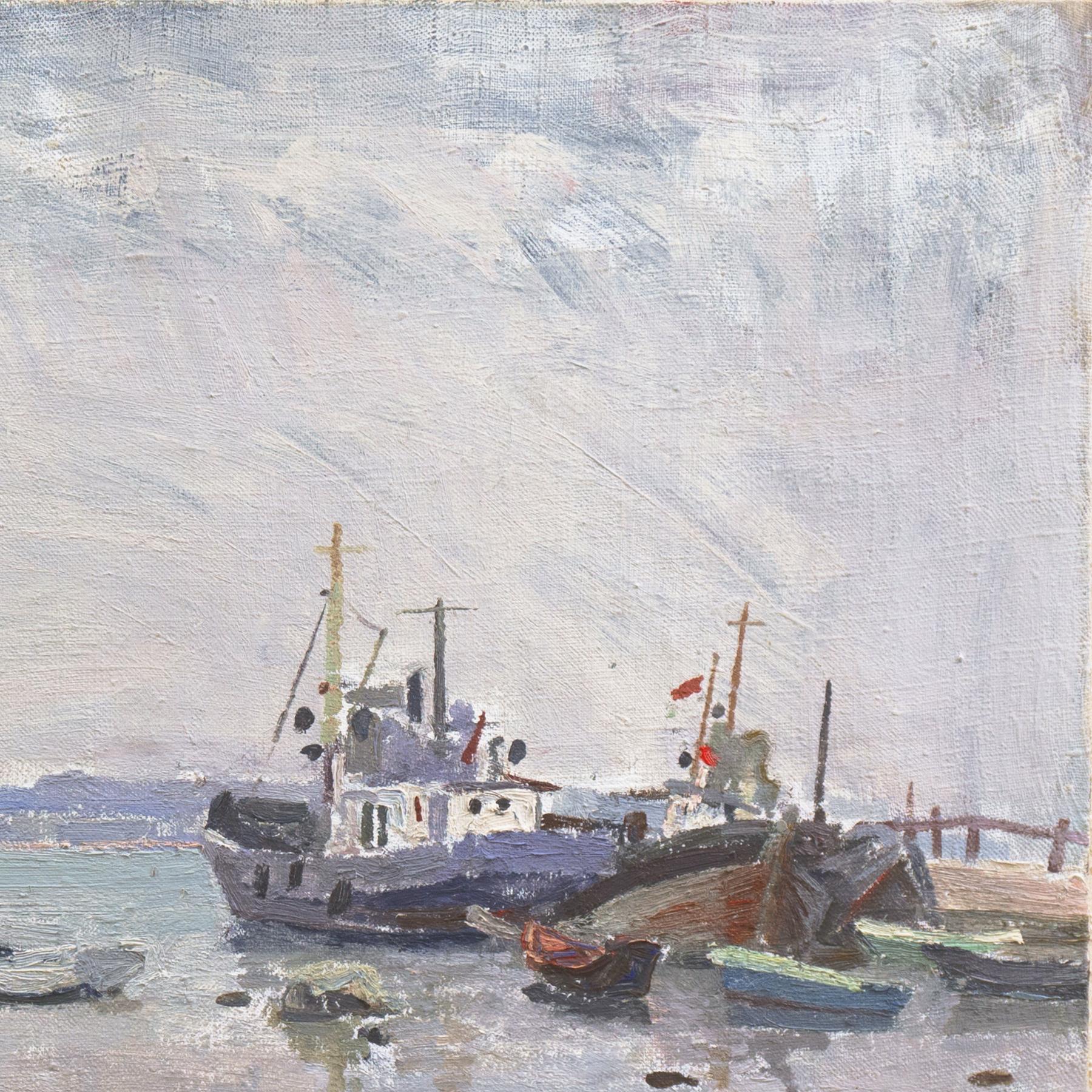 Signed, verso, in Cyrillic,  'Аlexander Yurievich Tyutrin', (Russian, born 1951) dated 1982 and titled, 'Kazantipsky Bay'.  Old attached label verso, from 'Art Salon-Shop', bearing artist's name and painting title and dated 'May 19, 1983'.

Born in