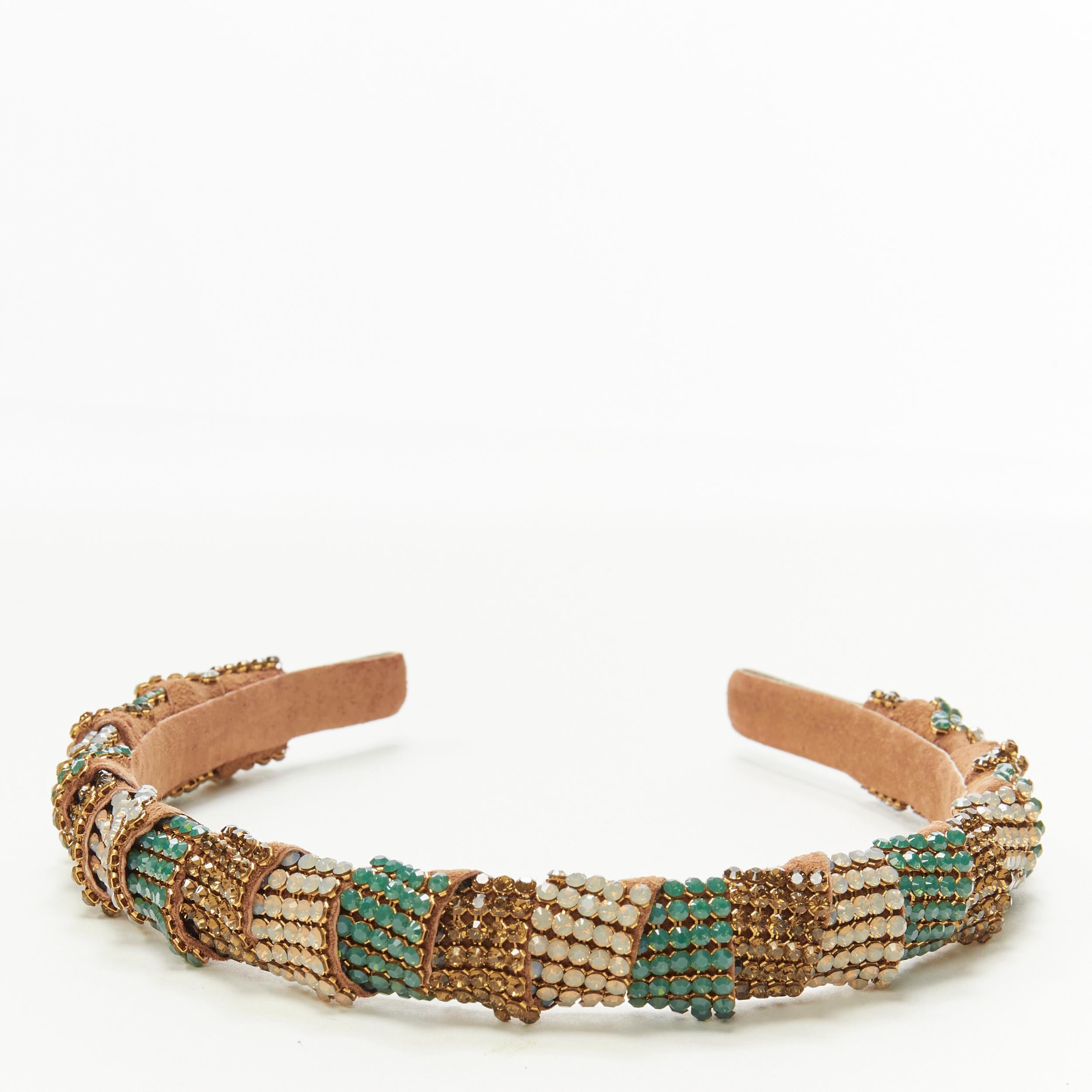 Brown ALEXANDER ZOUARI bronze leather copper white green crystal encrusted headband For Sale