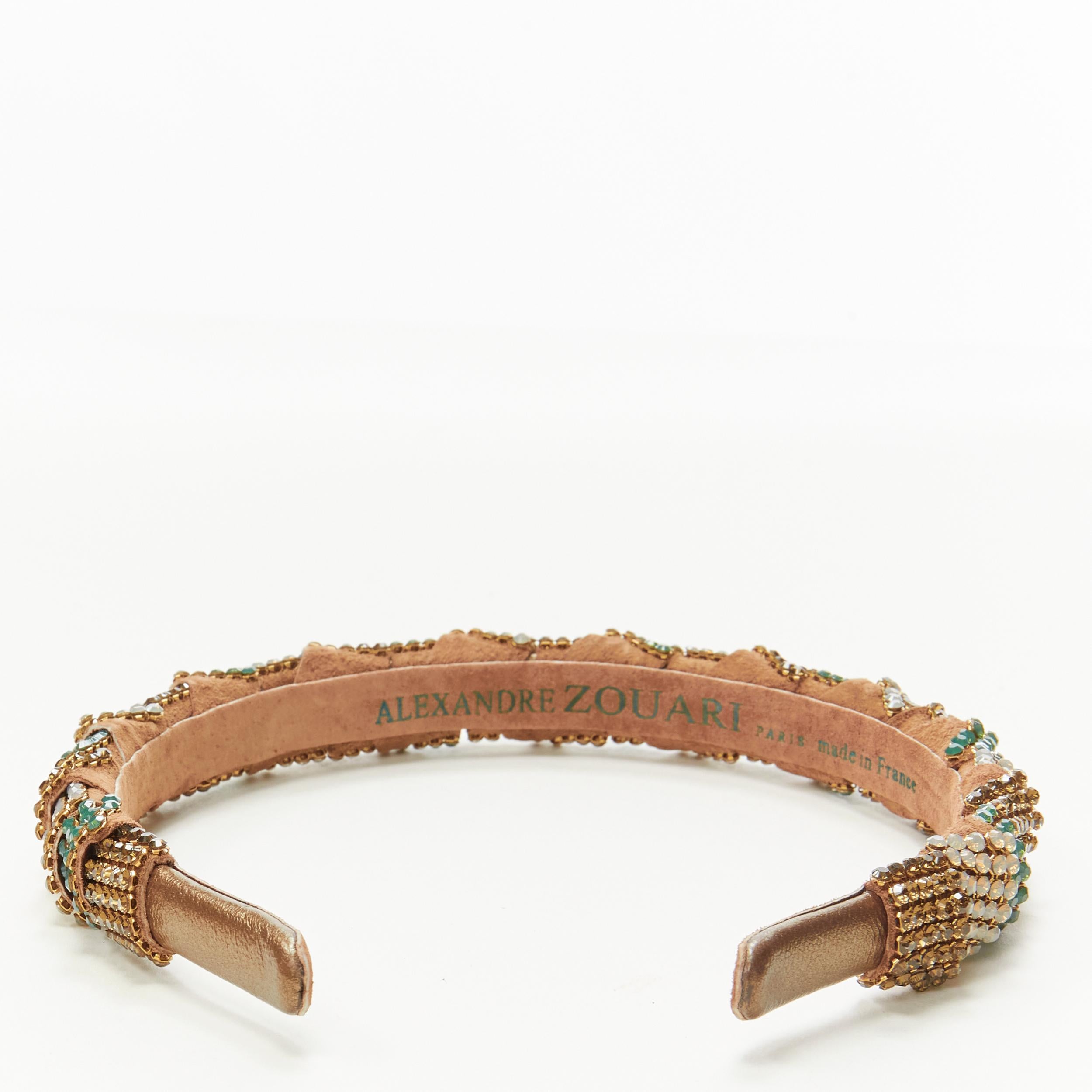Women's ALEXANDER ZOUARI bronze leather copper white green crystal encrusted headband For Sale