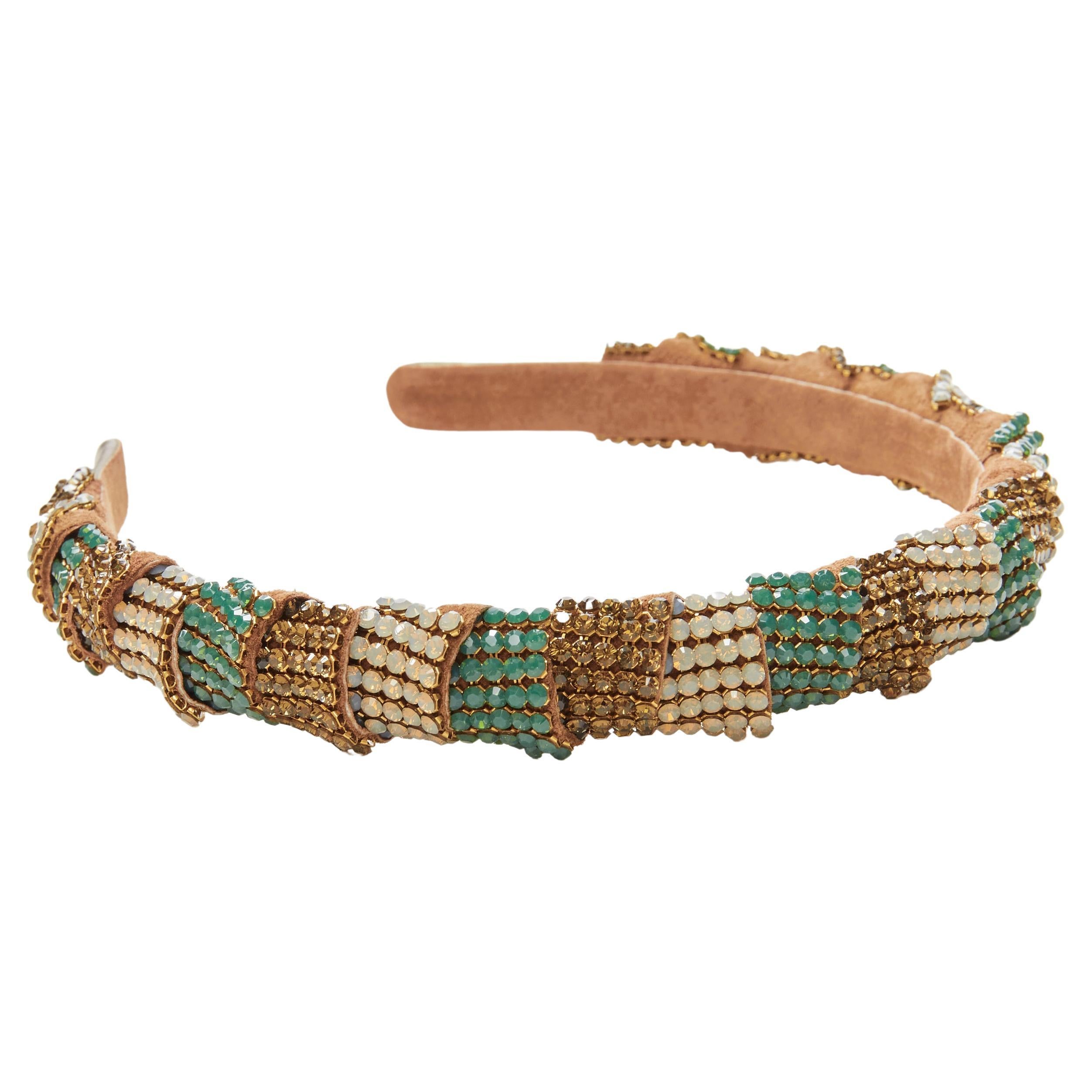 ALEXANDER ZOUARI bronze leather copper white green crystal encrusted headband For Sale