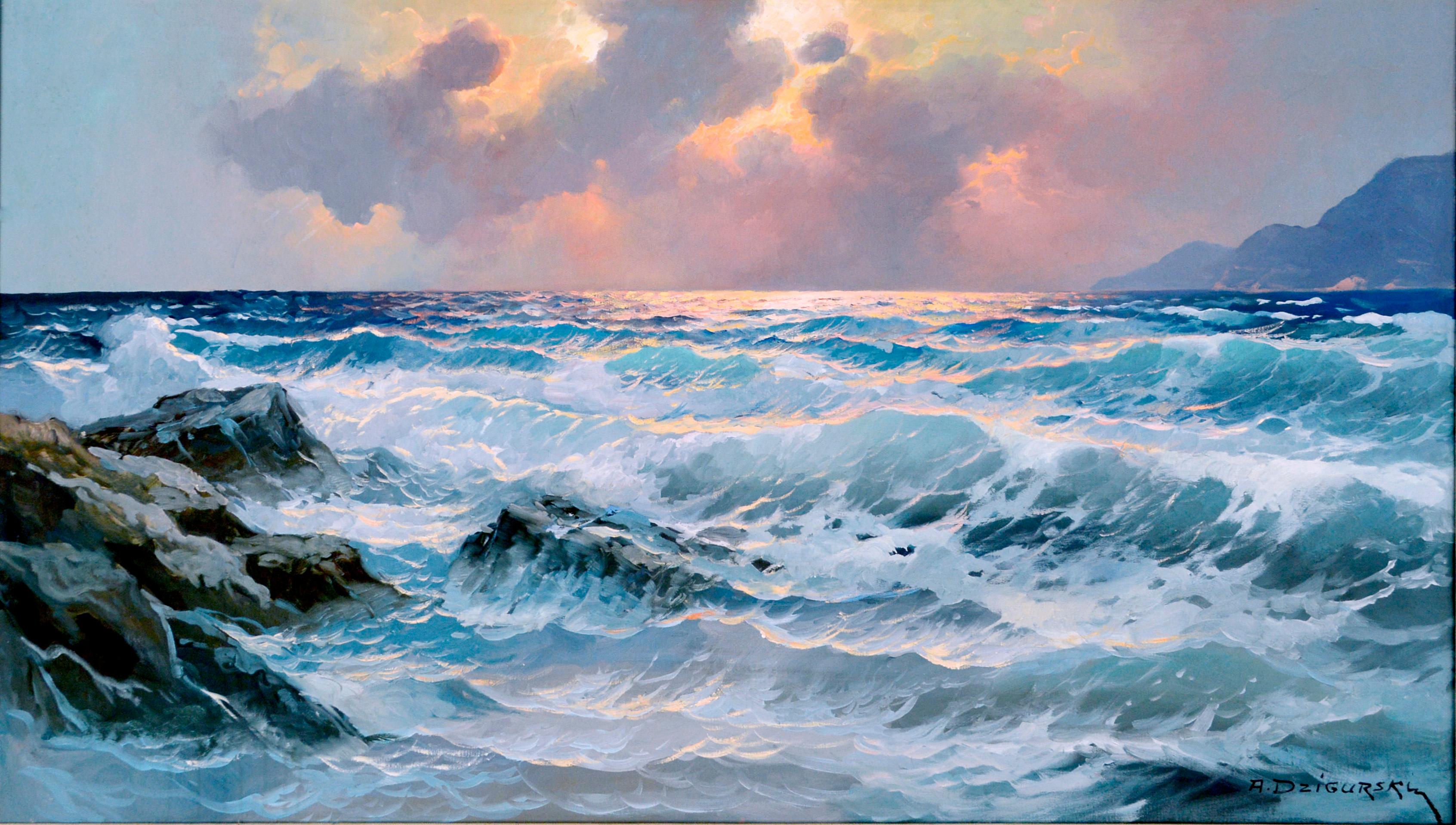 Paesaggio marino di Big Sur, California settentrionale, al tramonto di Alex Bigli - Painting di Alexander Dzigurski