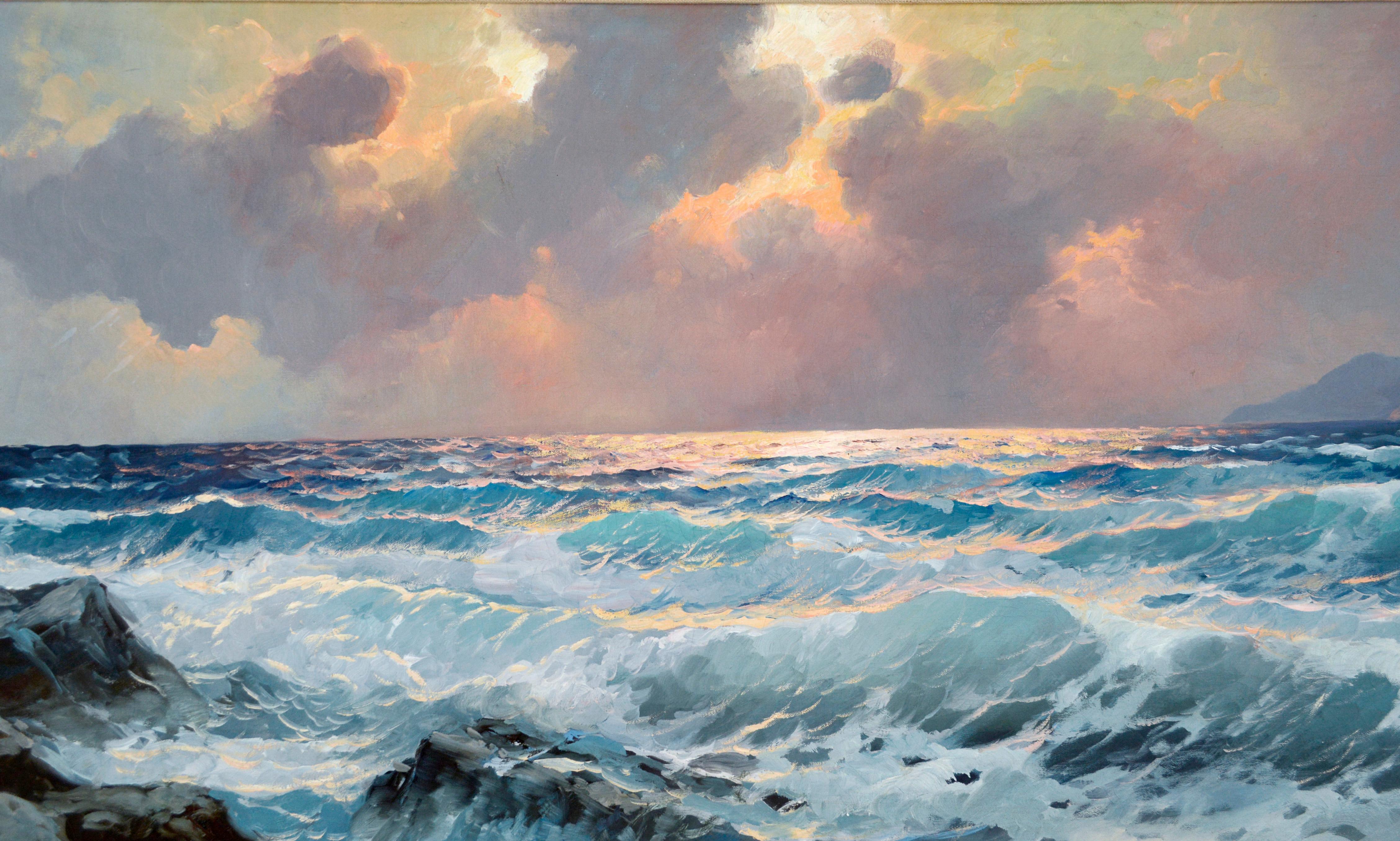 Paesaggio marino di Big Sur, California settentrionale, al tramonto di Alex Bigli - Landscape Painting Grigio di Alexander Dzigurski