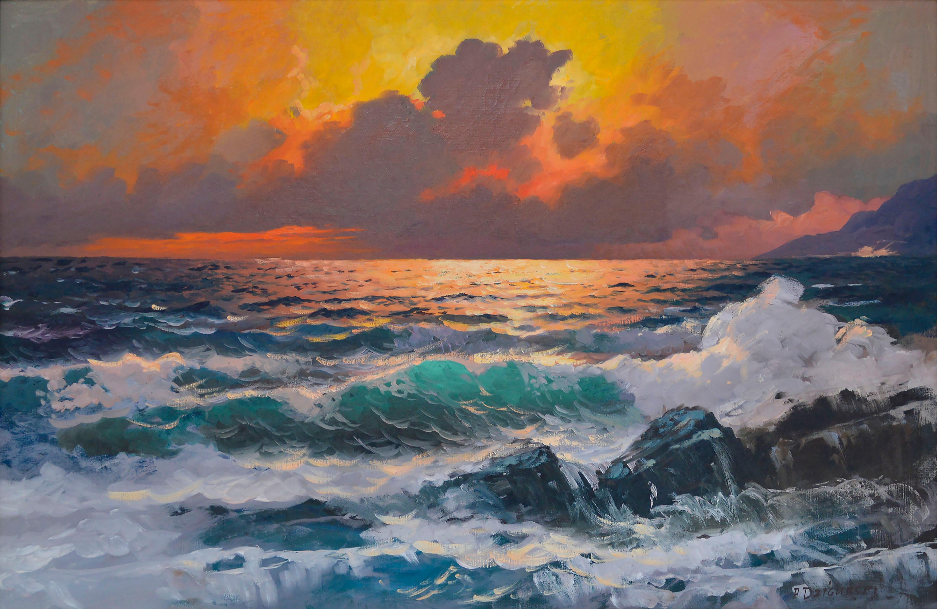 Golden Sunset Over Turquoise Waves - 1970s Big Sur California Seascape - Painting by Alexander Dzigurski