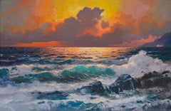 Golden Sunset Over Turquoise Waves - 1970s Big Sur California Seascape