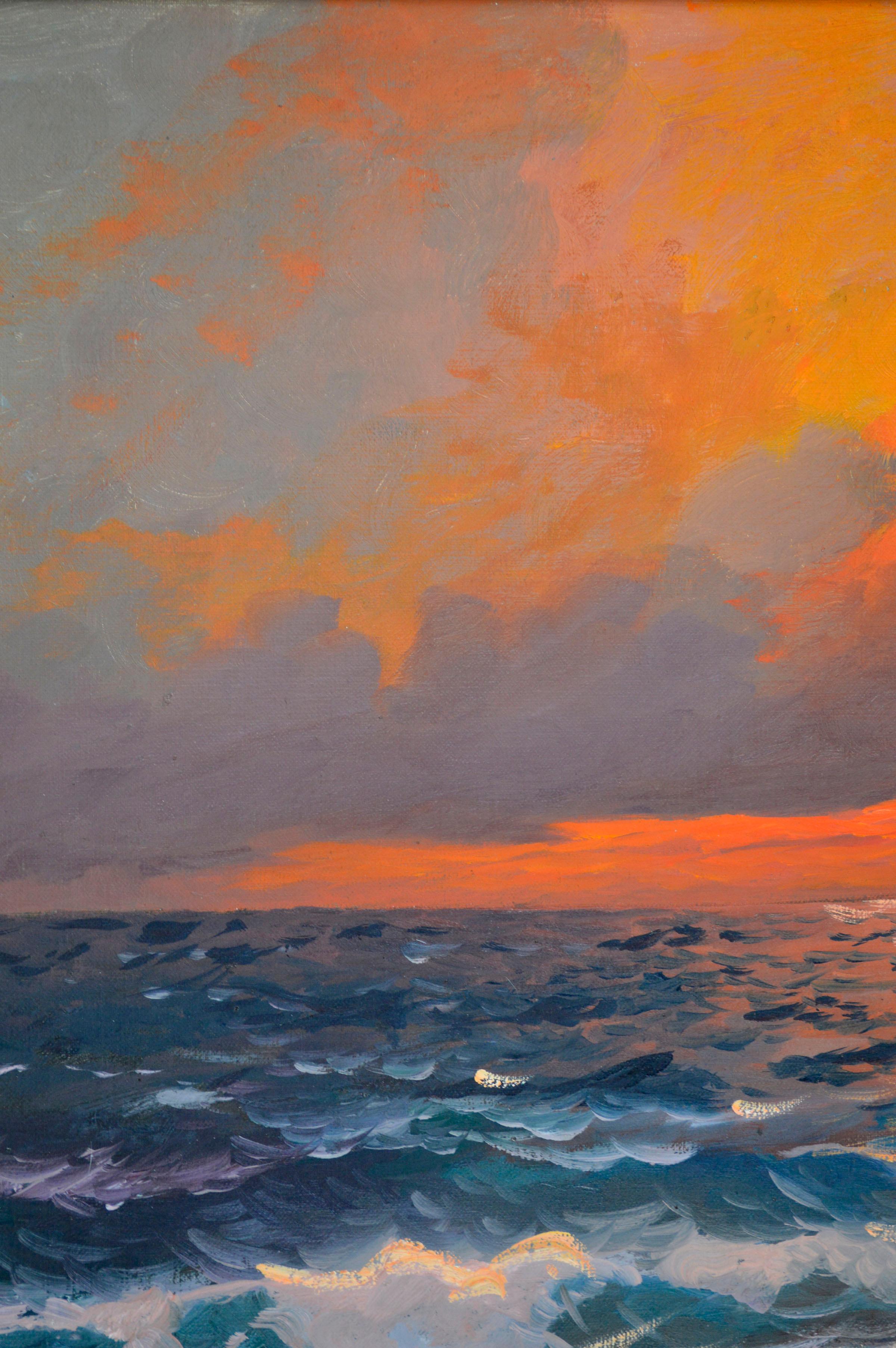 Golden Sunset Over Turquoise Waves - 1970s Big Sur California Seascape - American Impressionist Painting by Alexander Dzigurski