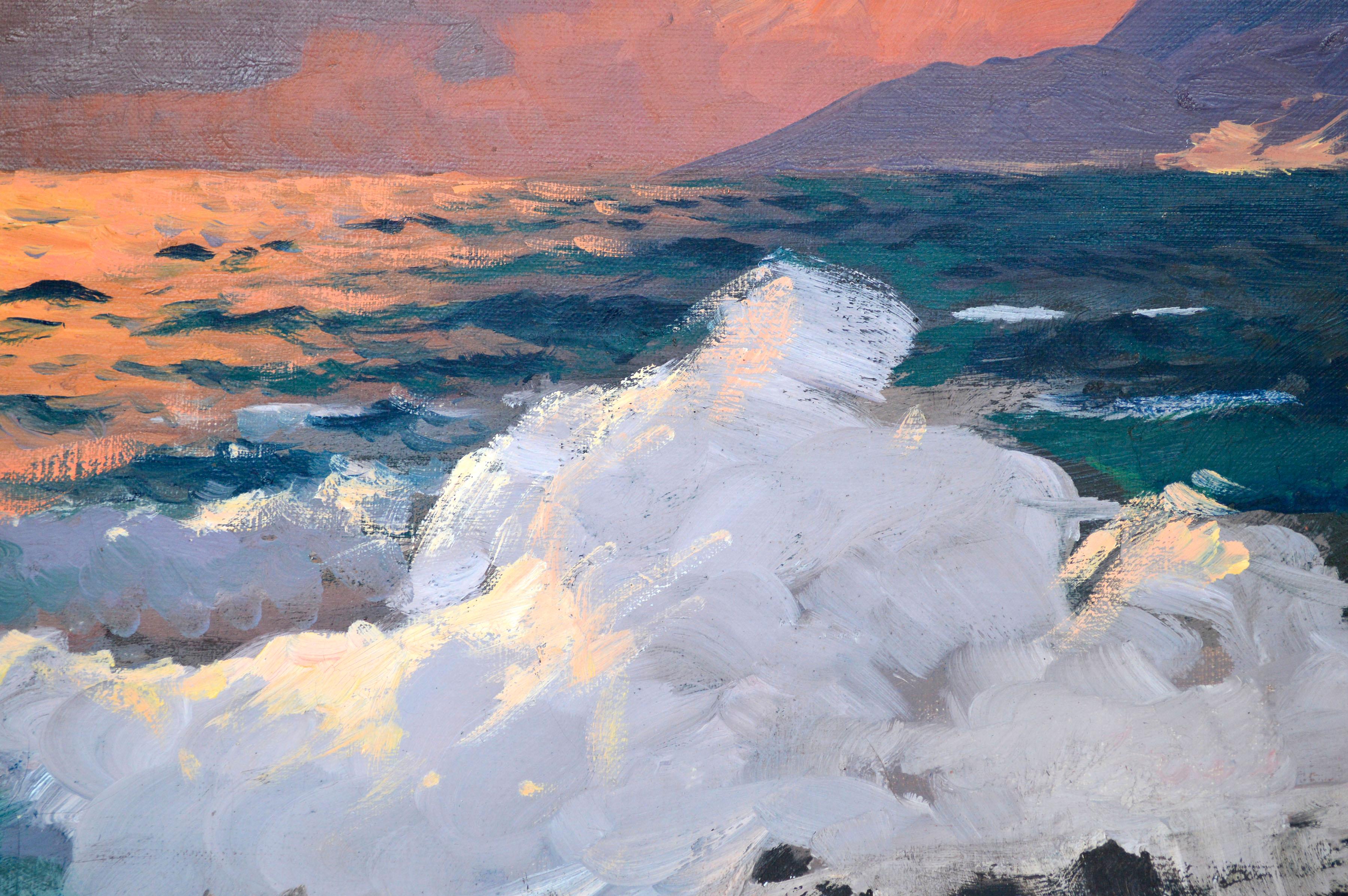 Golden Sunset Over Turquoise Waves - 1970s Big Sur California Seascape - Brown Landscape Painting by Alexander Dzigurski