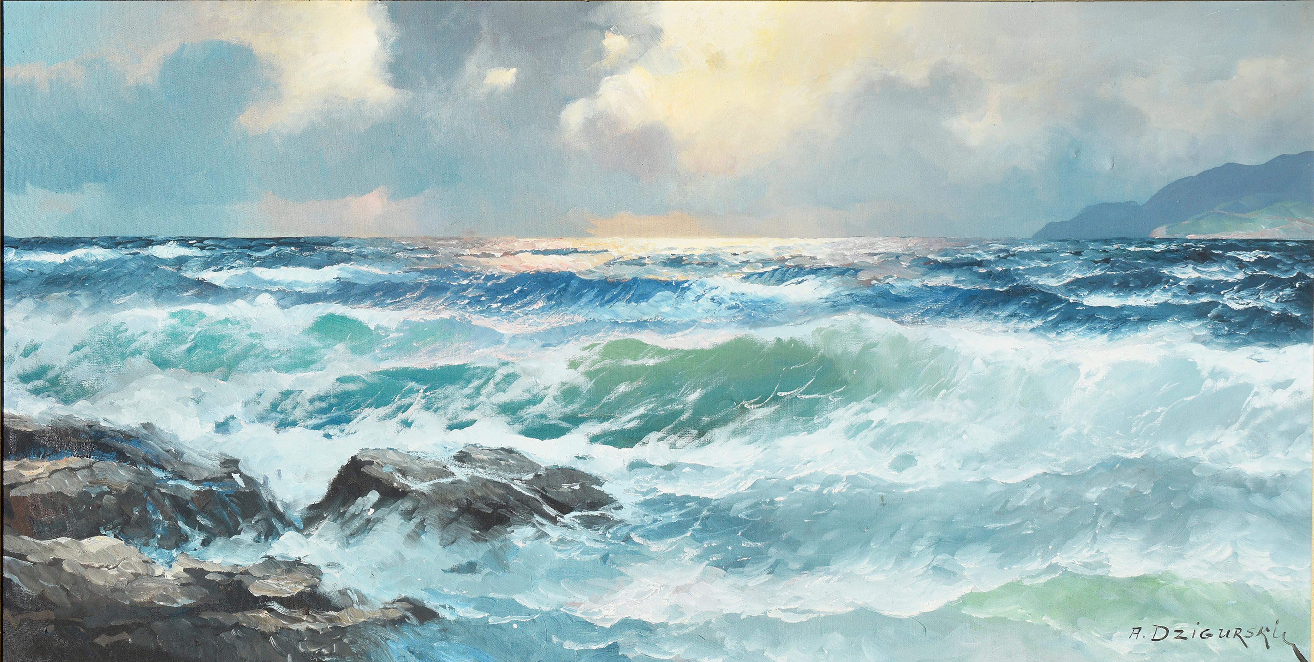 Northern California Seascape at Sunset by Alex Dzigurski - Painting by Alexander Dzigurski