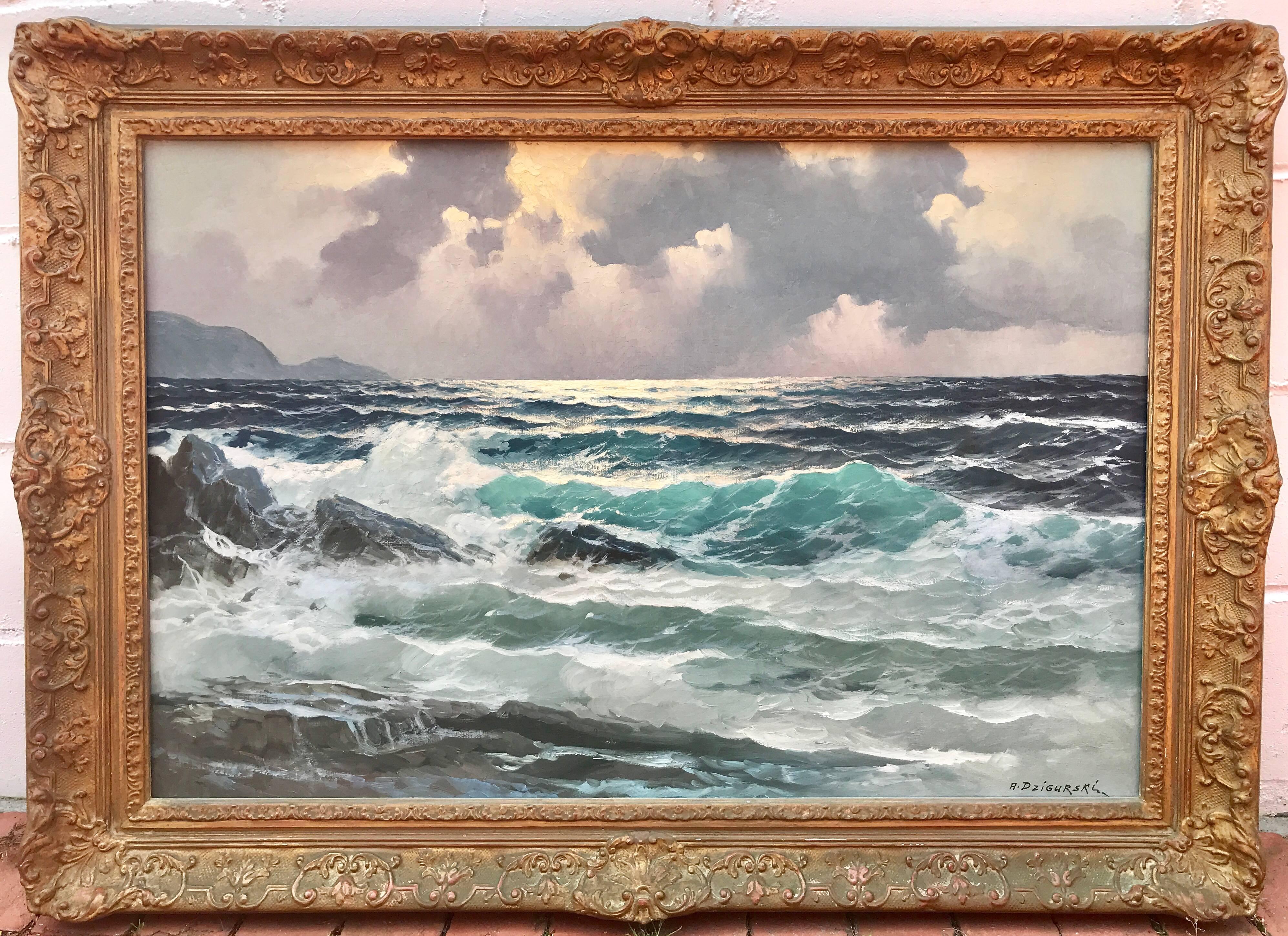 “Pacific Light” - Gray Landscape Painting by Alexander Dzigurski