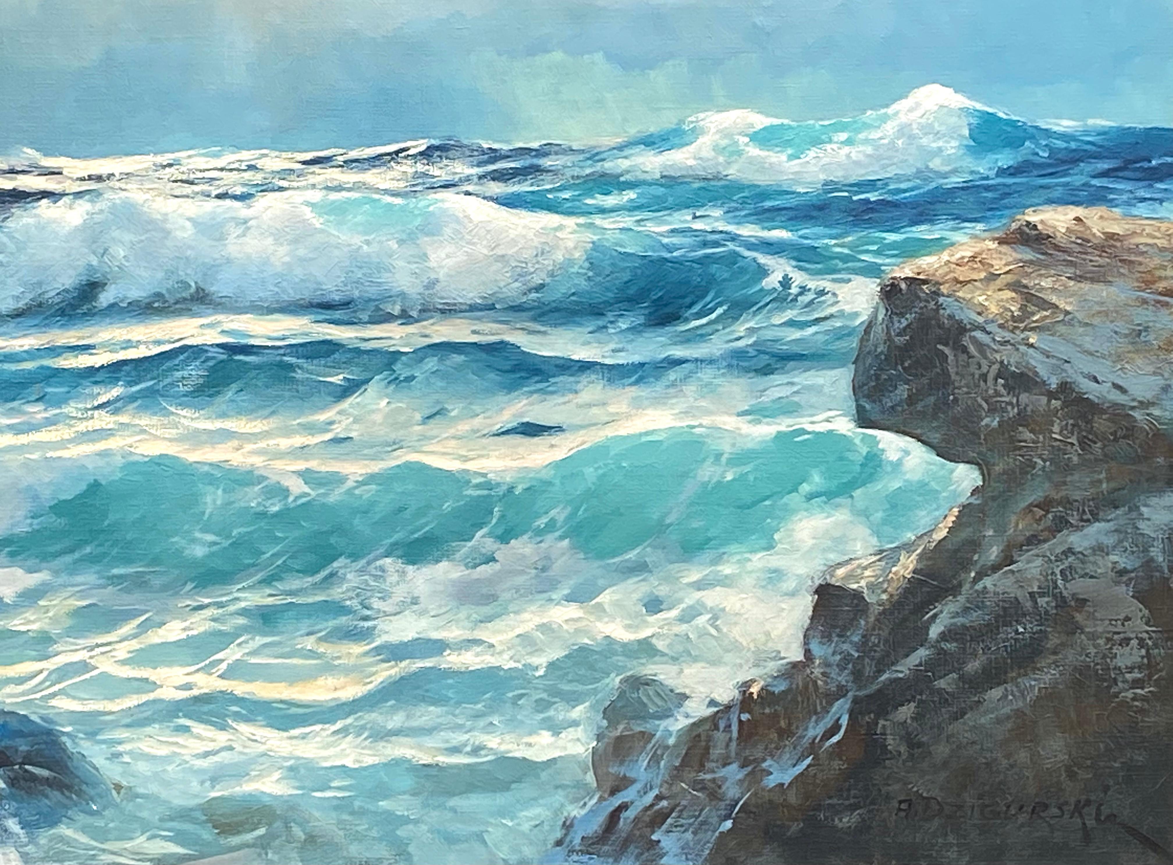 Pintura original al óleo sobre lienzo de una California  cuadro de surf de tormenta de Alexander Dzigurski Firmado abajo a la derecha. Alrededor de 1960. El estado es muy bueno. Maravillosa luz y realismo del agua y las rocas.  El cuadro se