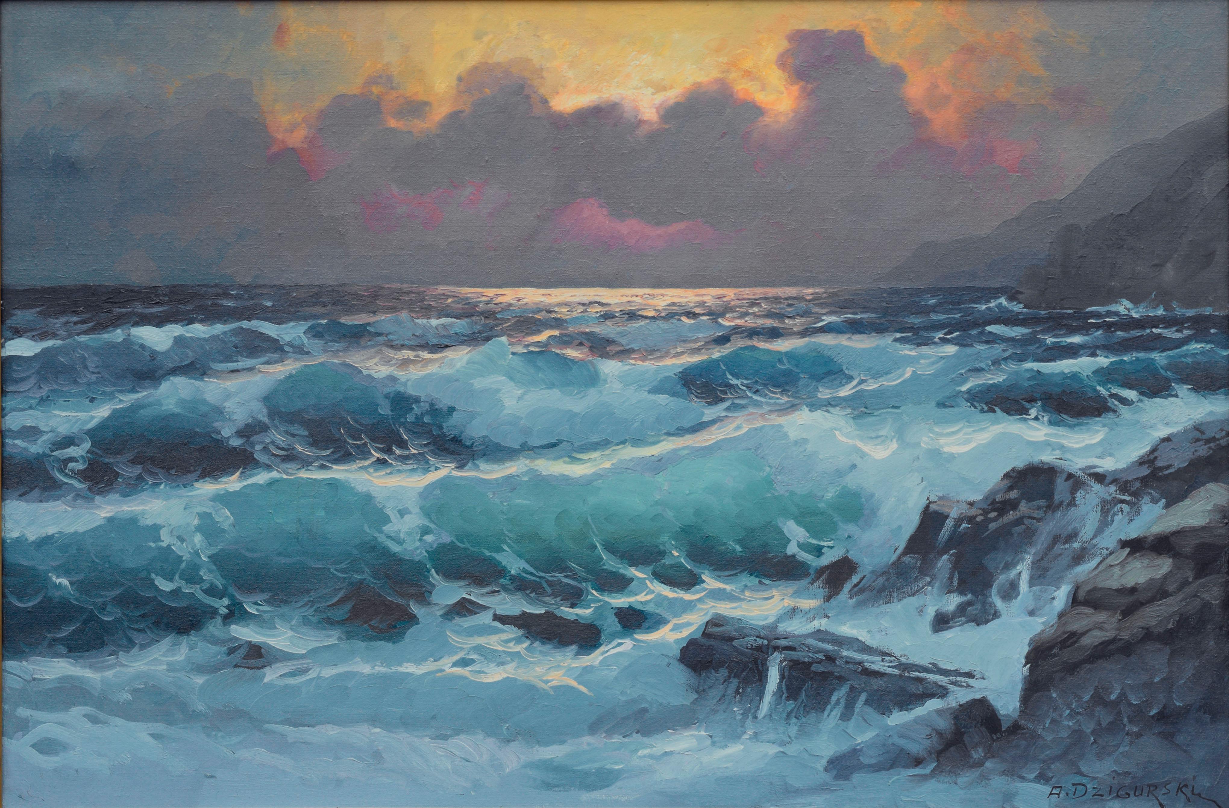 Sun Through the Clouds and the Waves - Big Sur Seascape - Painting by Alexander Dzigurski