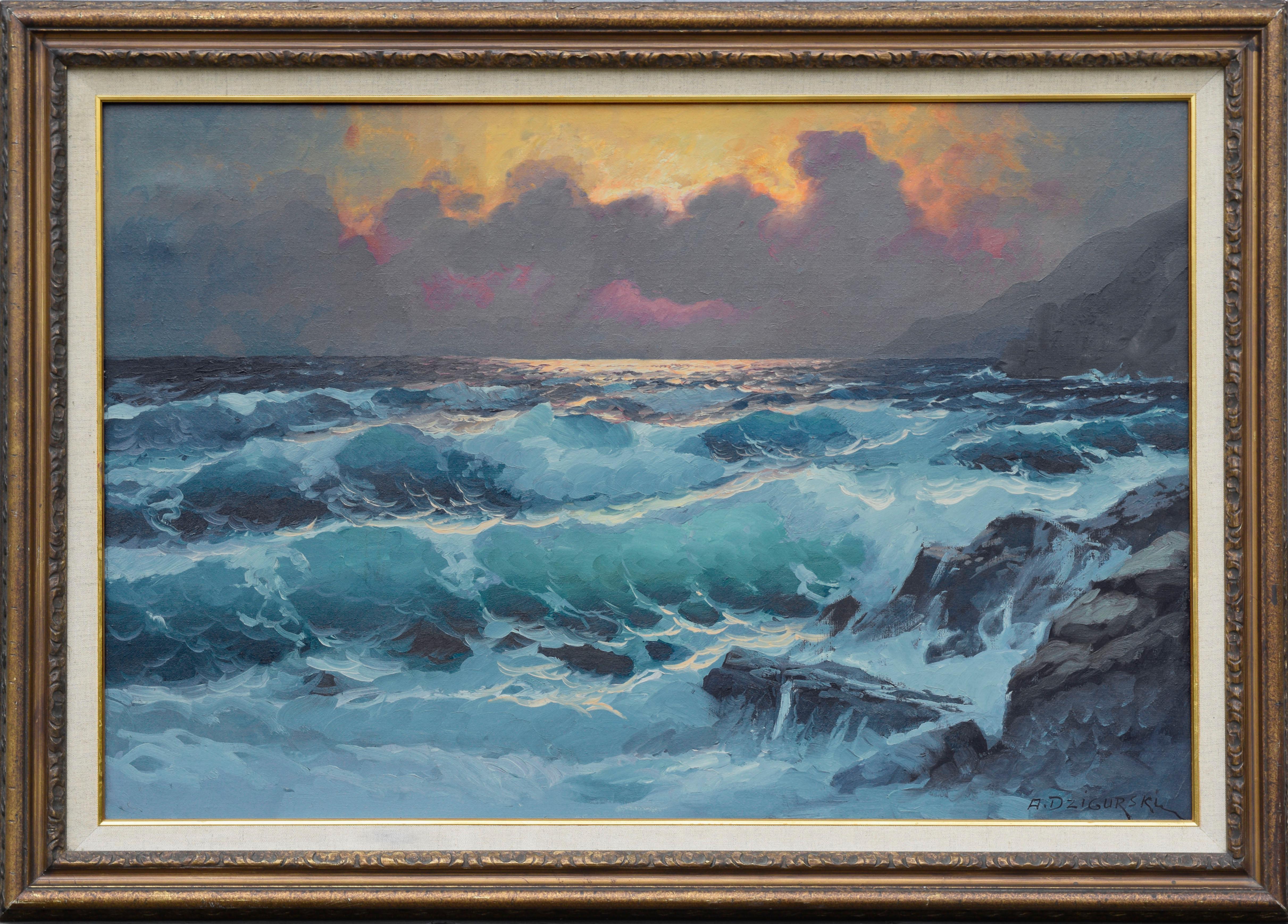 Alexander Dzigurski Landscape Painting - Sun Through the Clouds and the Waves - Big Sur Seascape