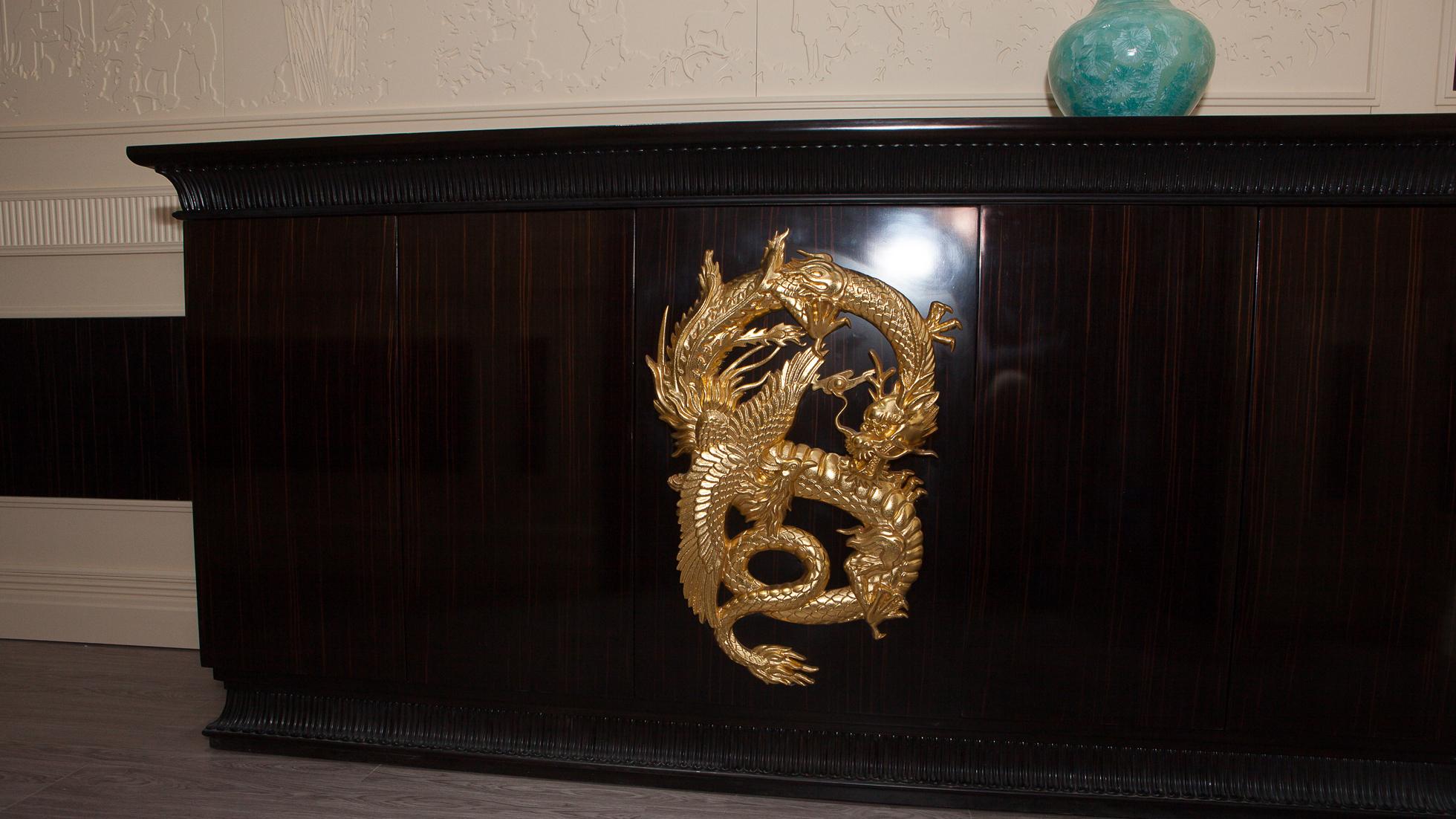 Chinese Dresser in Chinoiserie Style Ebony Wood, Hand Carved and Gold Plated For Sale