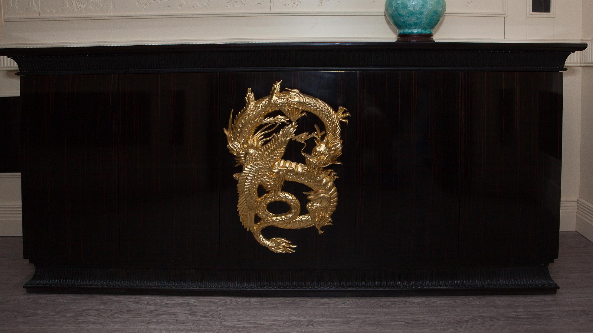 Hand-Carved Dresser in Chinoiserie Style Ebony Wood, Hand Carved and Gold Plated For Sale