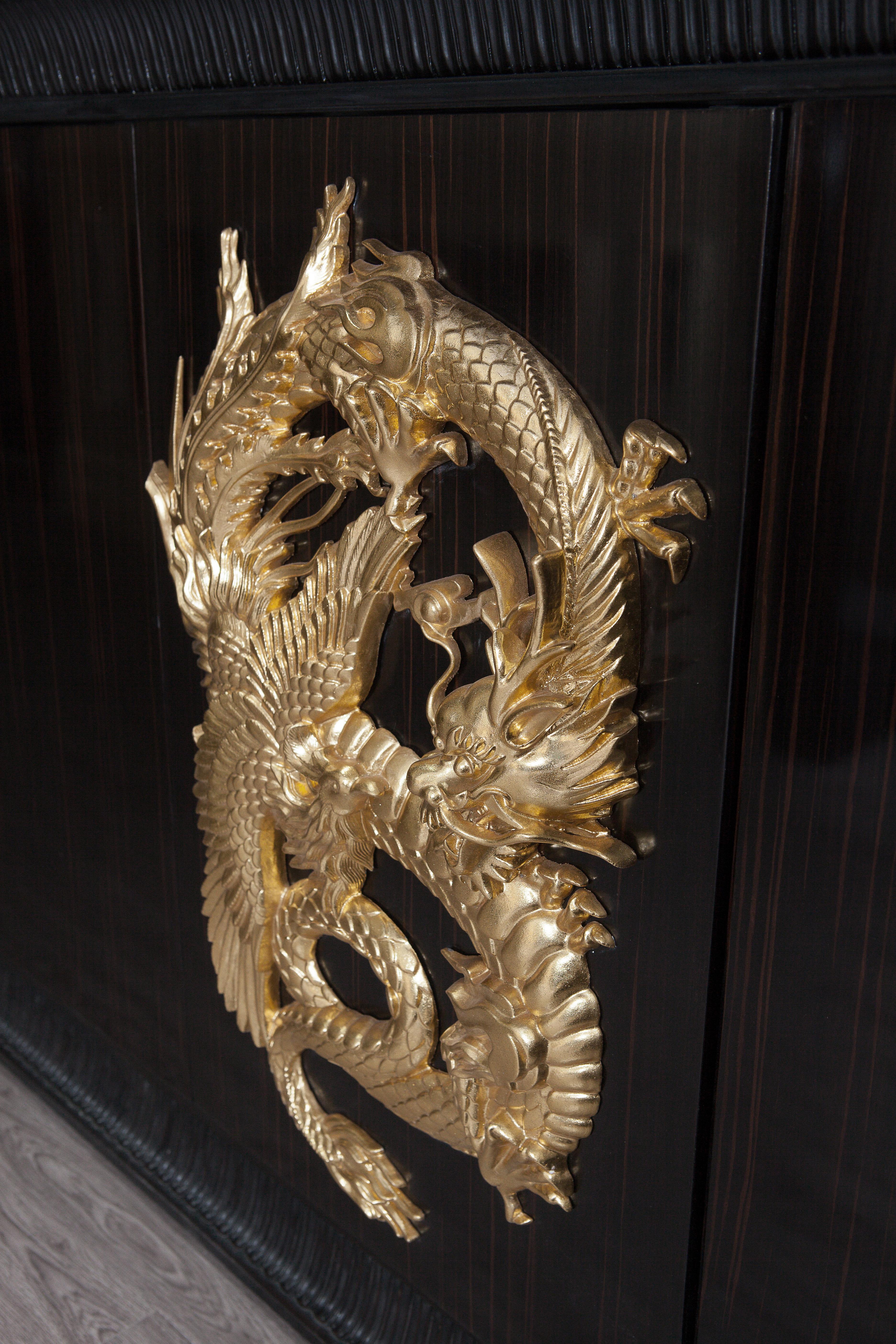 Contemporary Dresser in Chinoiserie Style Ebony Wood, Hand Carved and Gold Plated For Sale