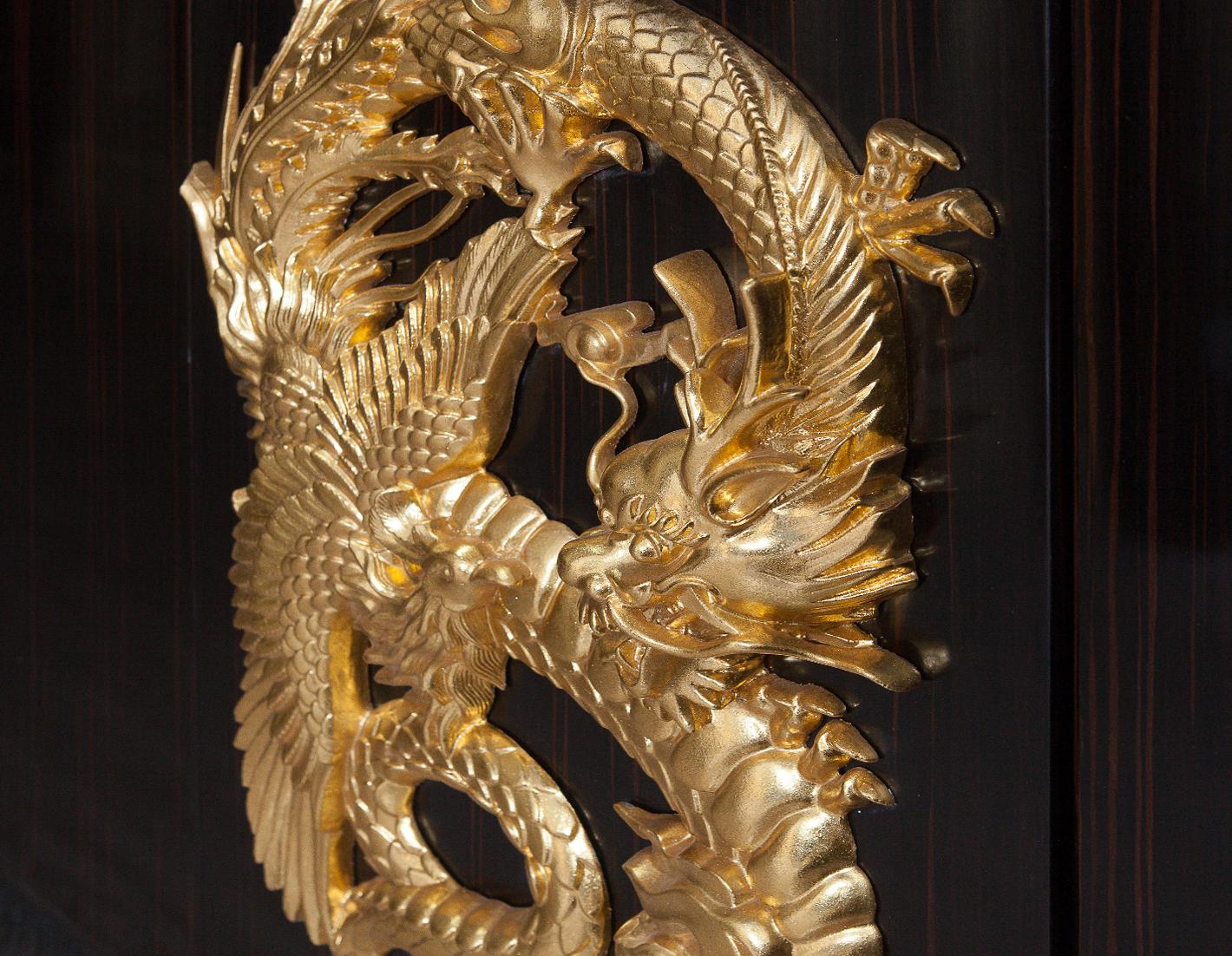 Gold Leaf Dresser in Chinoiserie Style Ebony Wood, Hand Carved and Gold Plated For Sale