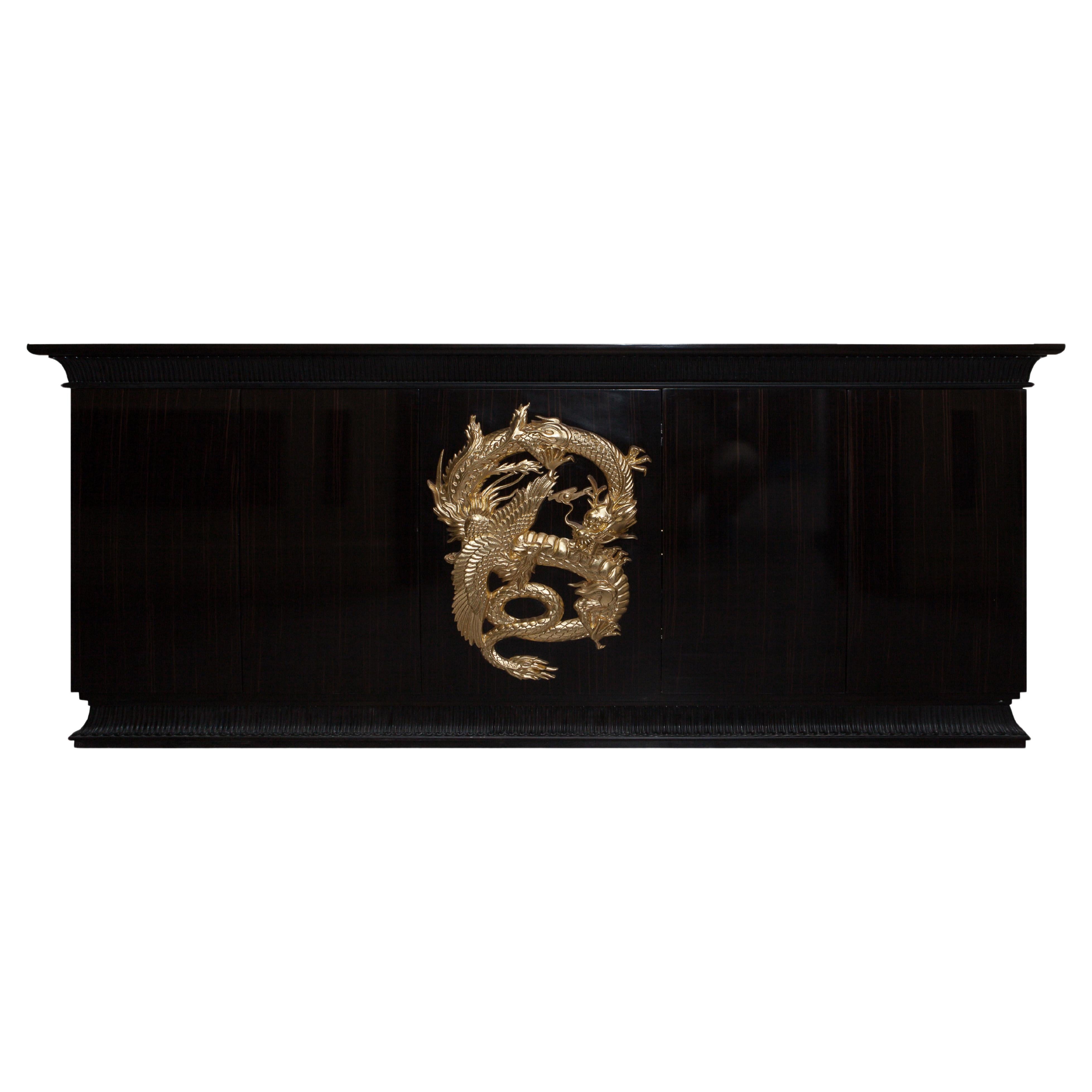 Dresser in Chinoiserie Style Ebony Wood, Hand Carved and Gold Plated