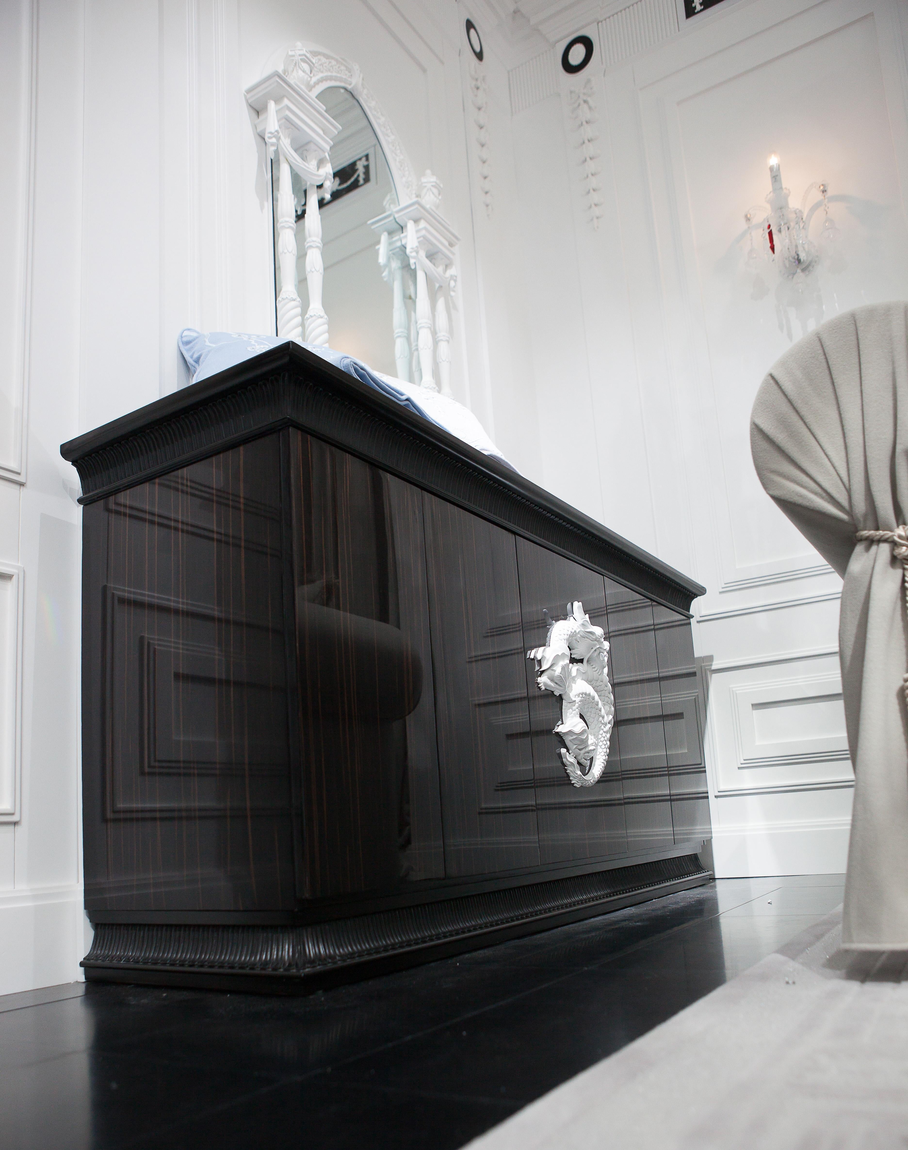 Dresser Chinoiserie Style Ebony Gloss Wood, White Dragon Sculpture, in Stock For Sale 4