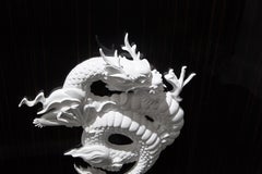 Dresser Chinoiserie Style Ebony Gloss Wood, White Dragon Sculpture, in Stock