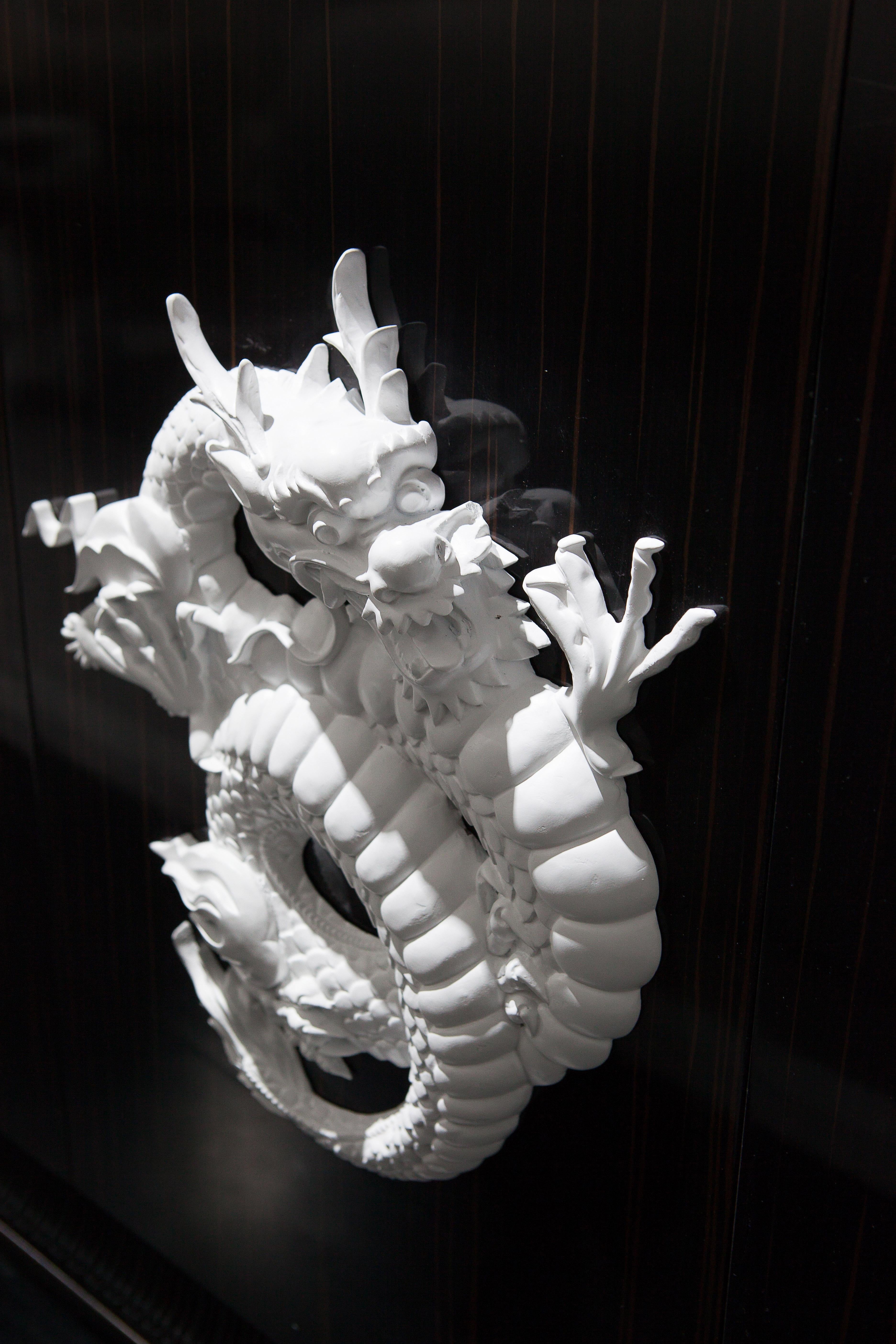 Chinese Dresser Chinoiserie Style Ebony Gloss Wood, White Dragon Sculpture, in Stock For Sale