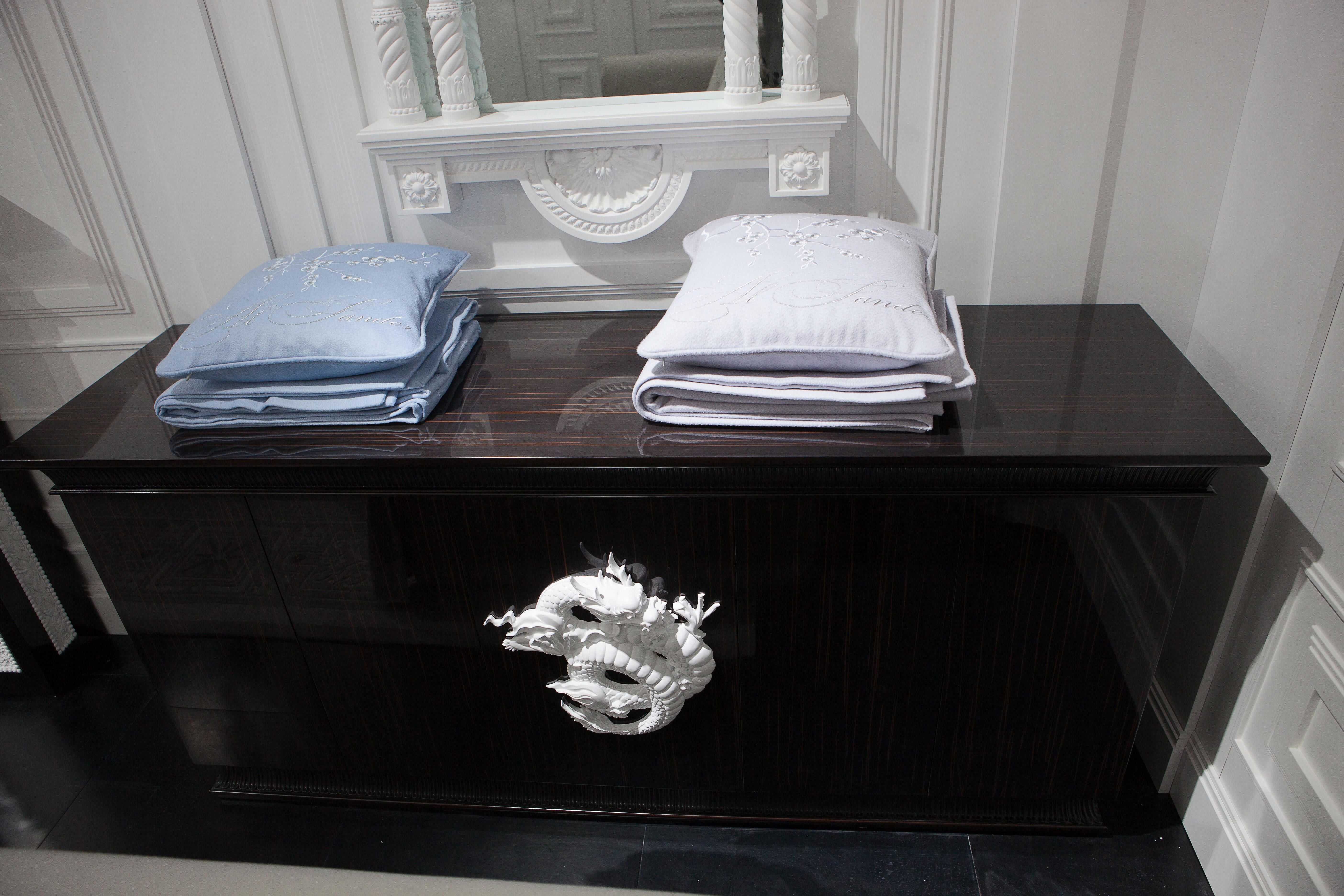 Dresser Chinoiserie Style Ebony Gloss Wood, White Dragon Sculpture, in Stock For Sale 3